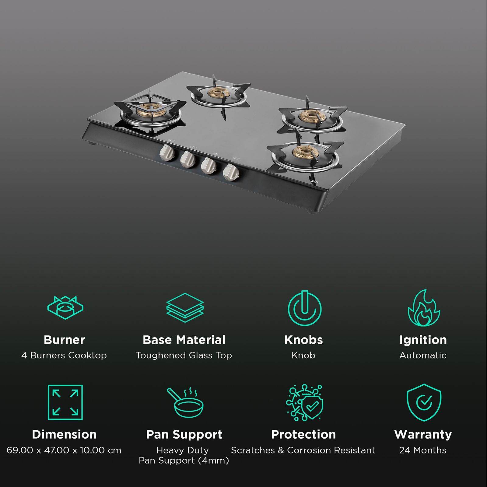 KAFF CTB694BAI Toughened Glass Top 4 Burner Automatic Gas Stove (Heavy Duty Pan Support, Black)_3