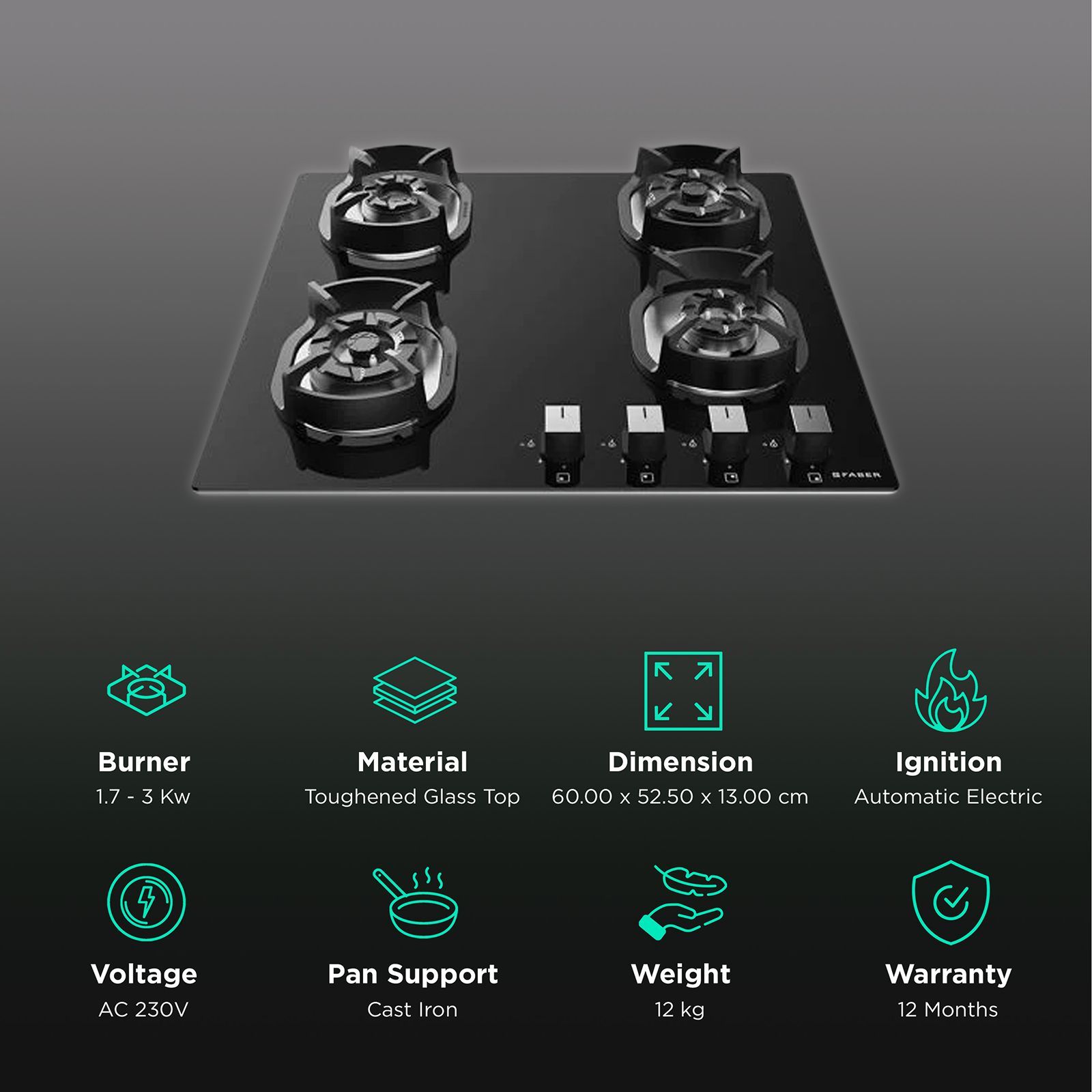 Faber Nexus IND Star HT654 CRS BR CI AI Toughened Glass Top 4 Burner Automatic Electric Hob (Flame Failure Device, Black)_3