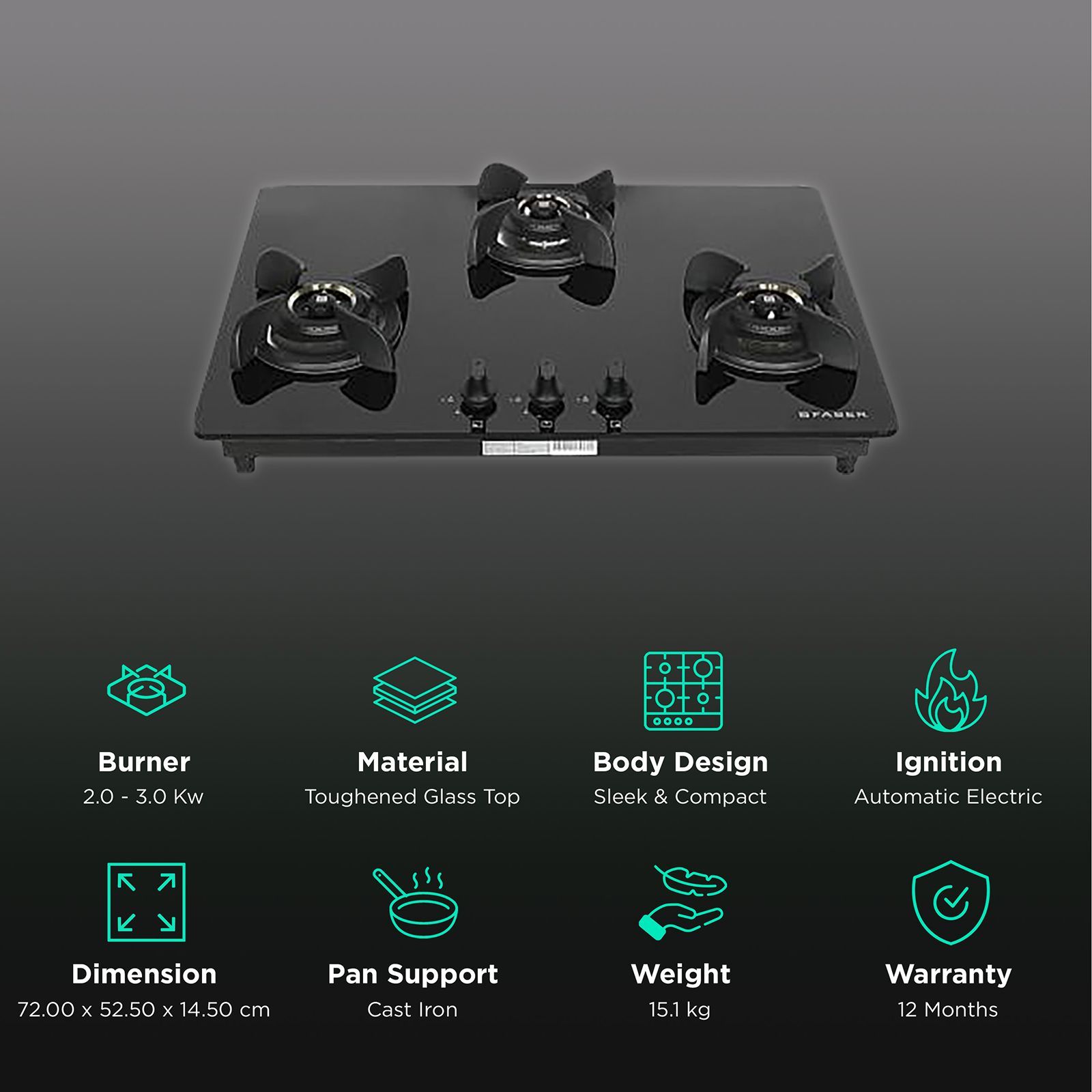 Faber Ultima HT723 CRS BR CI AI Toughened Glass Top 3 Burner Automatic Electric Hob (Premium Quality Knob, Black)_3