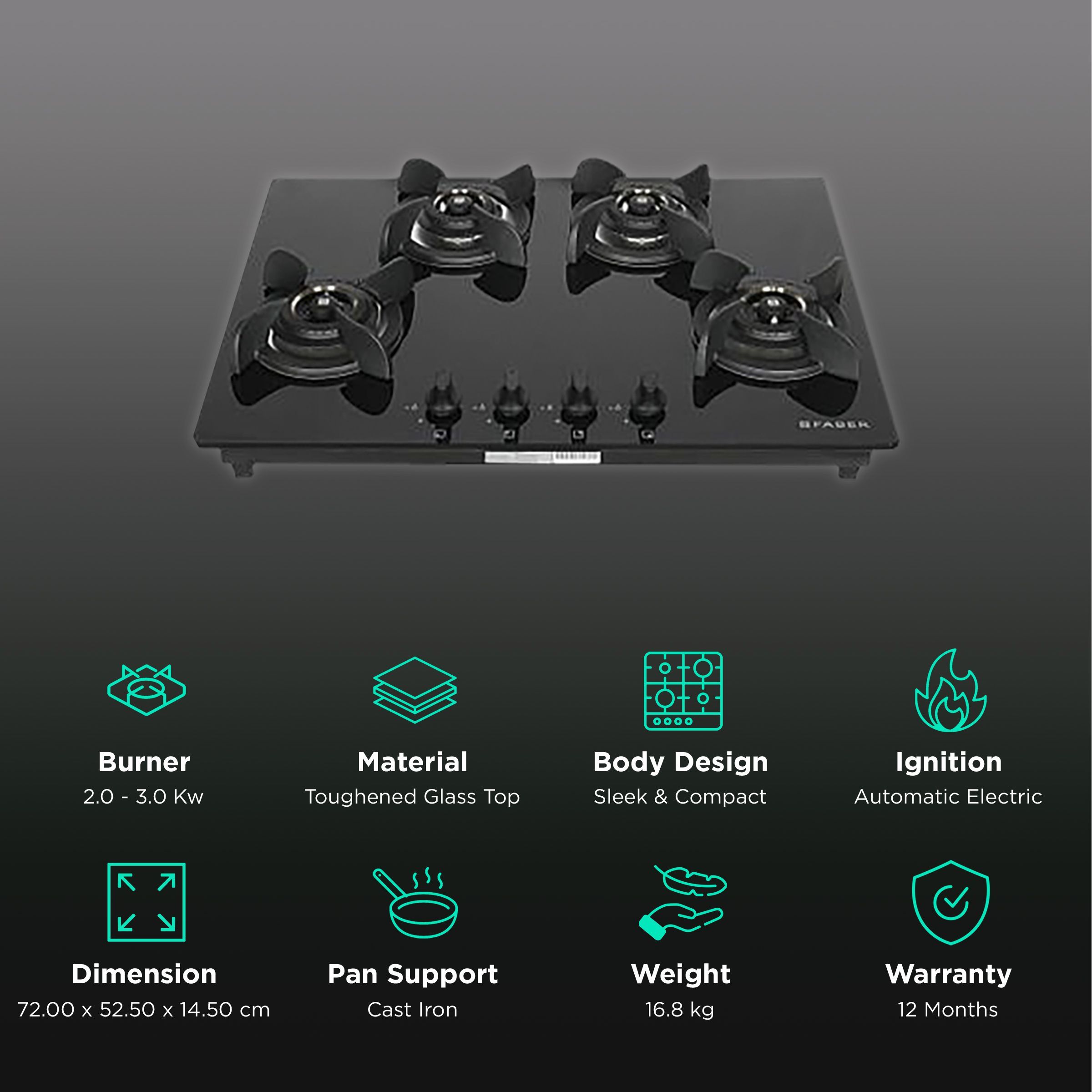 Faber Ultima HT724 CRS BR CI AI Toughened Glass Top 4 Burner Automatic Electric Hob (Premium Quality Knob, Black)_3