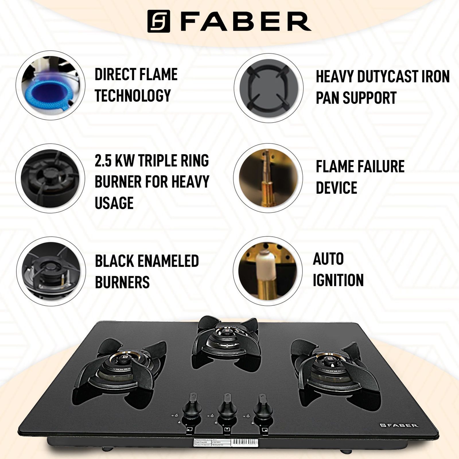 Faber Ultima Plus HT783 CRS BR CI AI Toughened Glass Top 3 Burner Automatic Hob (Cast Iron Pan Support, Black)_10