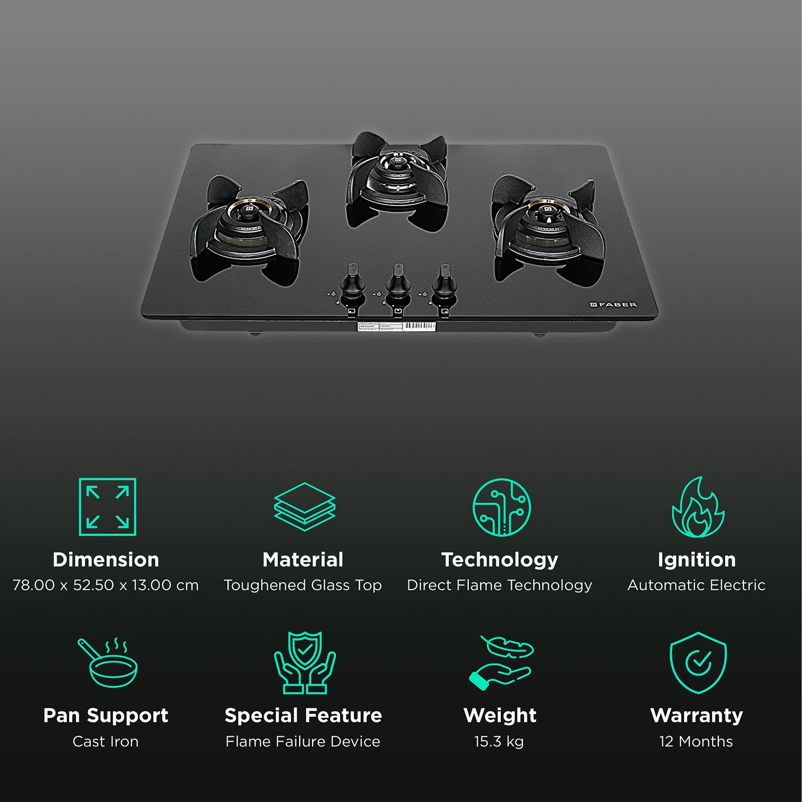 Faber Ultima Plus HT783 CRS BR CI AI Toughened Glass Top 3 Burner Automatic Hob (Cast Iron Pan Support, Black)_3