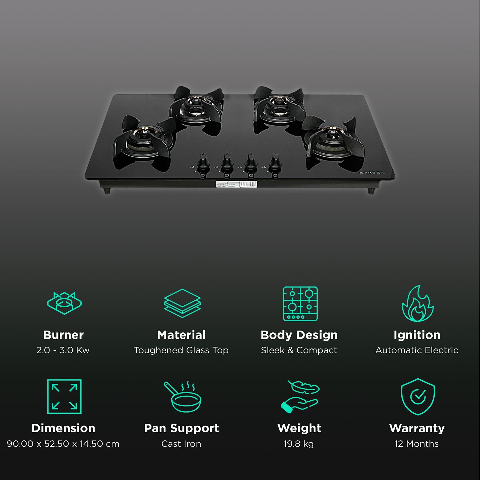 Faber Ultima HT904 CRS BR CI AI Toughened Glass Top 4 Burner Automatic Electric Hob (Premium Quality Knob, Black)_3