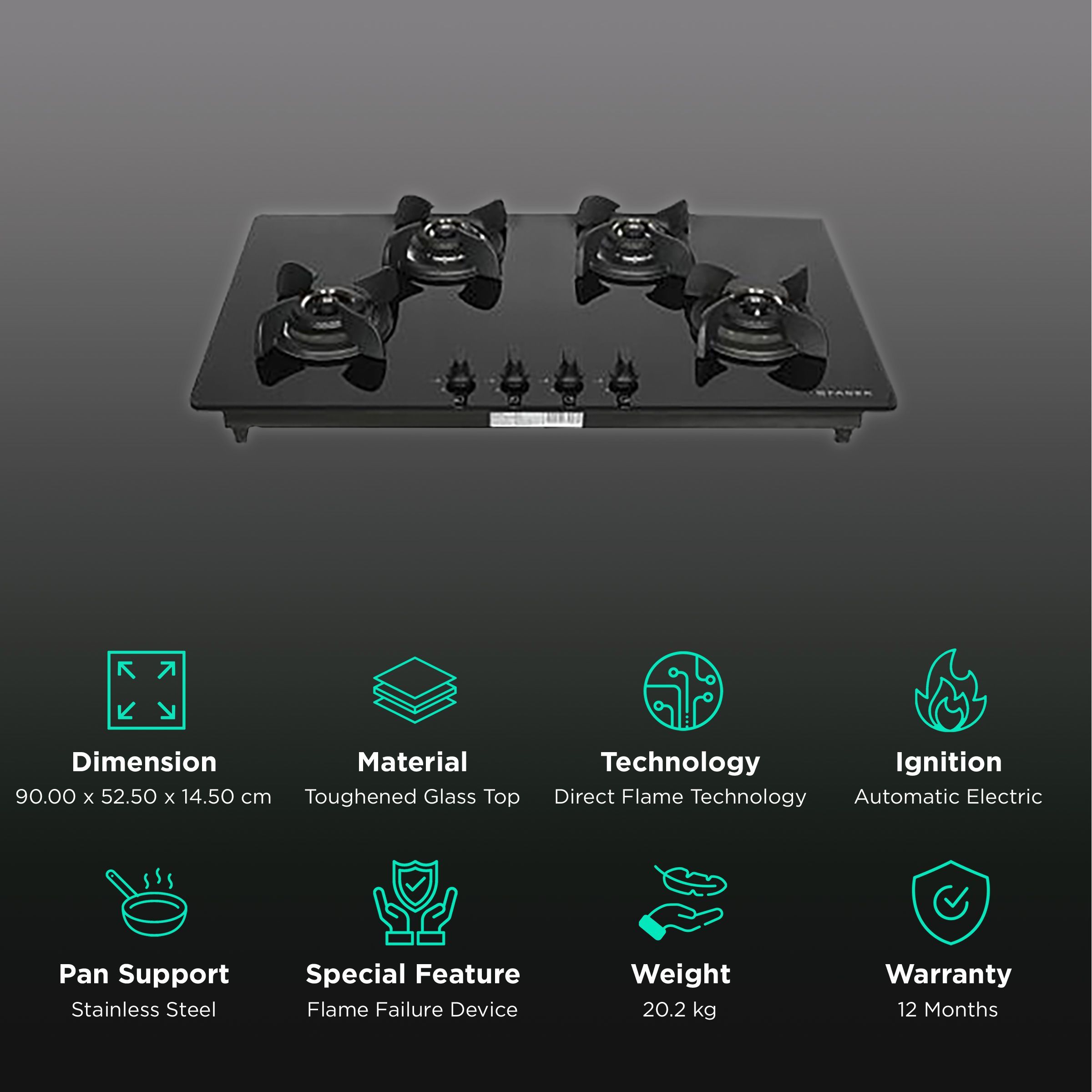 Faber Ultima Plus HT904 CRS BR CI AI Toughened Glass Top 4 Burner Automatic Electric Hob (Premium Quality Knob, Black)_3