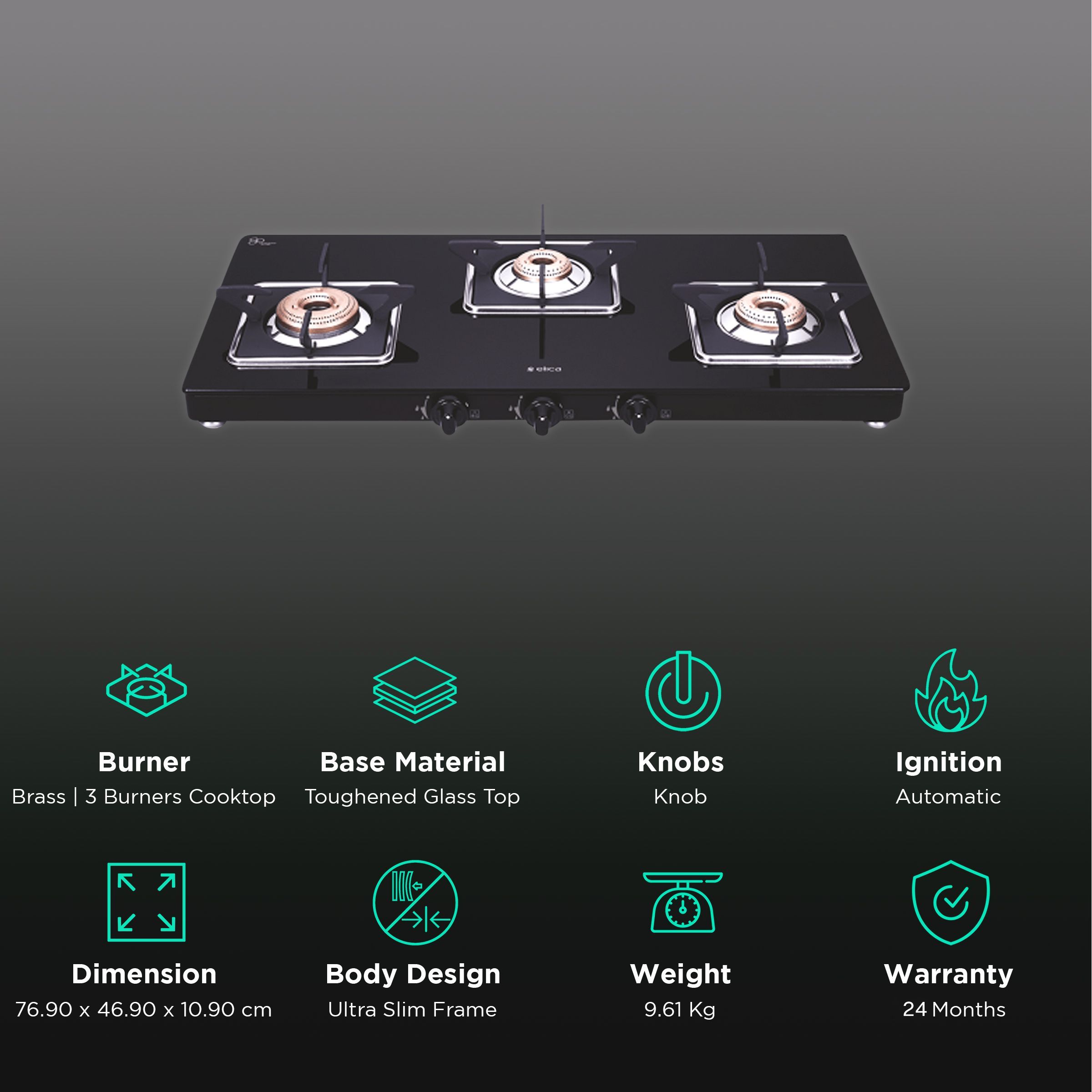 elica 773 CT VETRO (SLIMLINE SPF AI) Toughened Glass Top 3 Burner Automatic Gas Stove (Square Euro Coated Grids, Black) elica 773 CT VETRO (SLIMLINE SPF AI) Toughened Glass Top 3 Burner Automatic Gas Stove (Square Euro Coated Grids, Black)_3