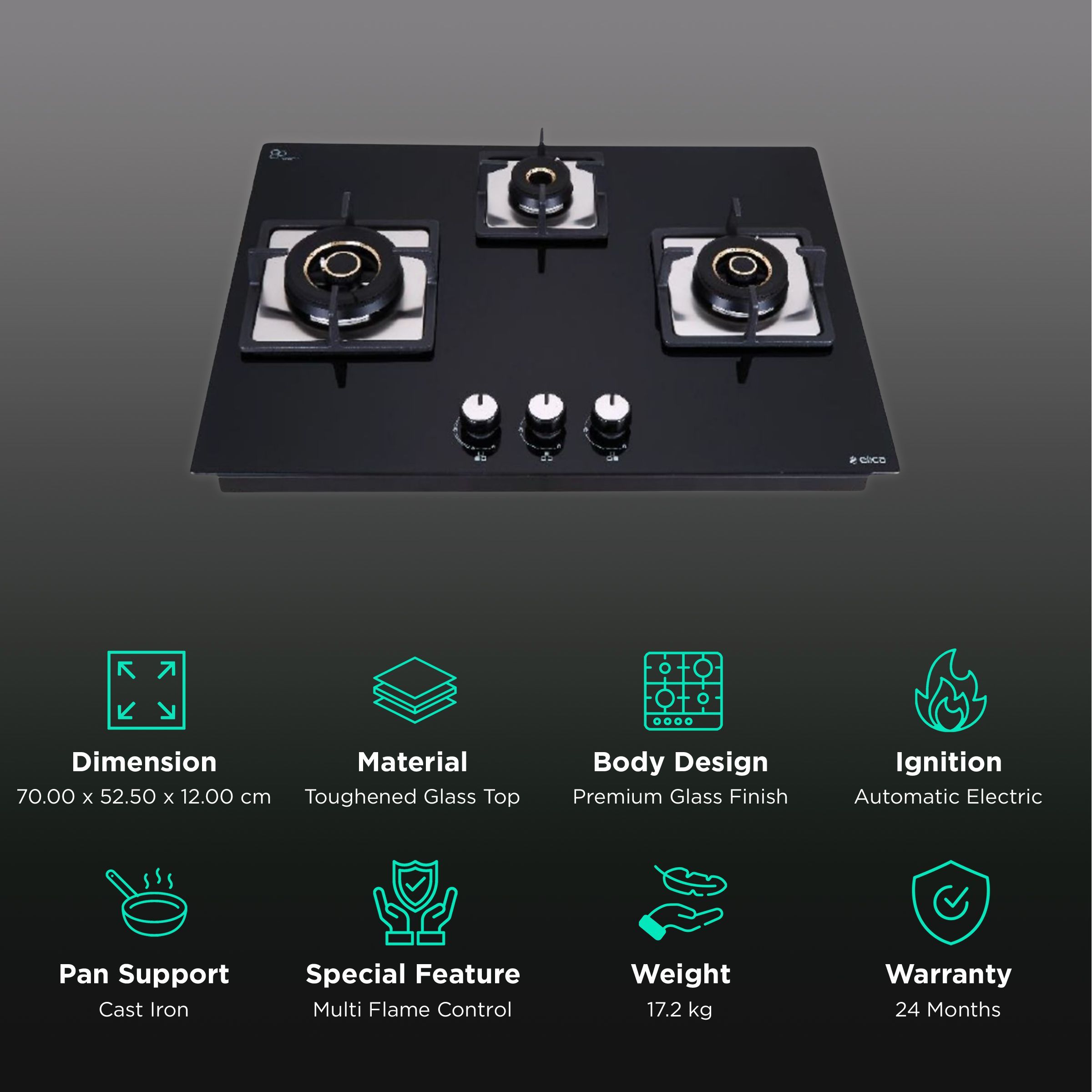 Elica FLEXI MFC AB 370 MT Toughened Glass Top 3 Burner Automatic Electric Hob (Cast Iron Grid, Black)_3
