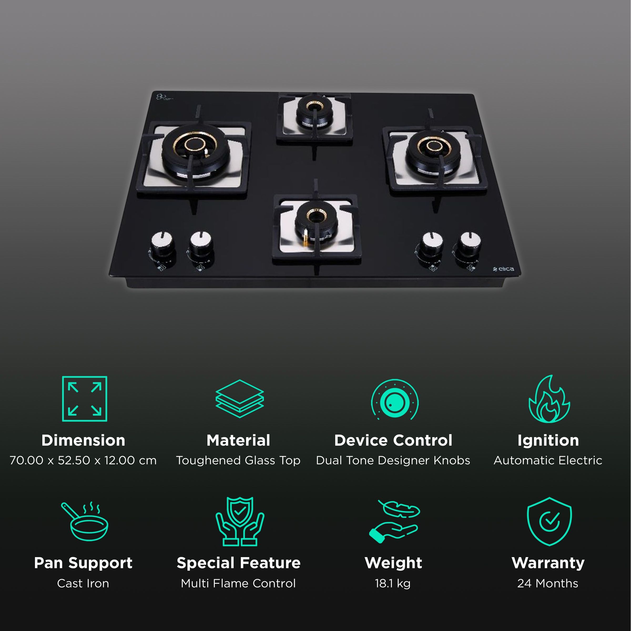 Elica FLEXI MFC AB 470 MT Toughened Glass Top 4 Burner Automatic Electric Hob (Cast Iron Grid, Black)_3