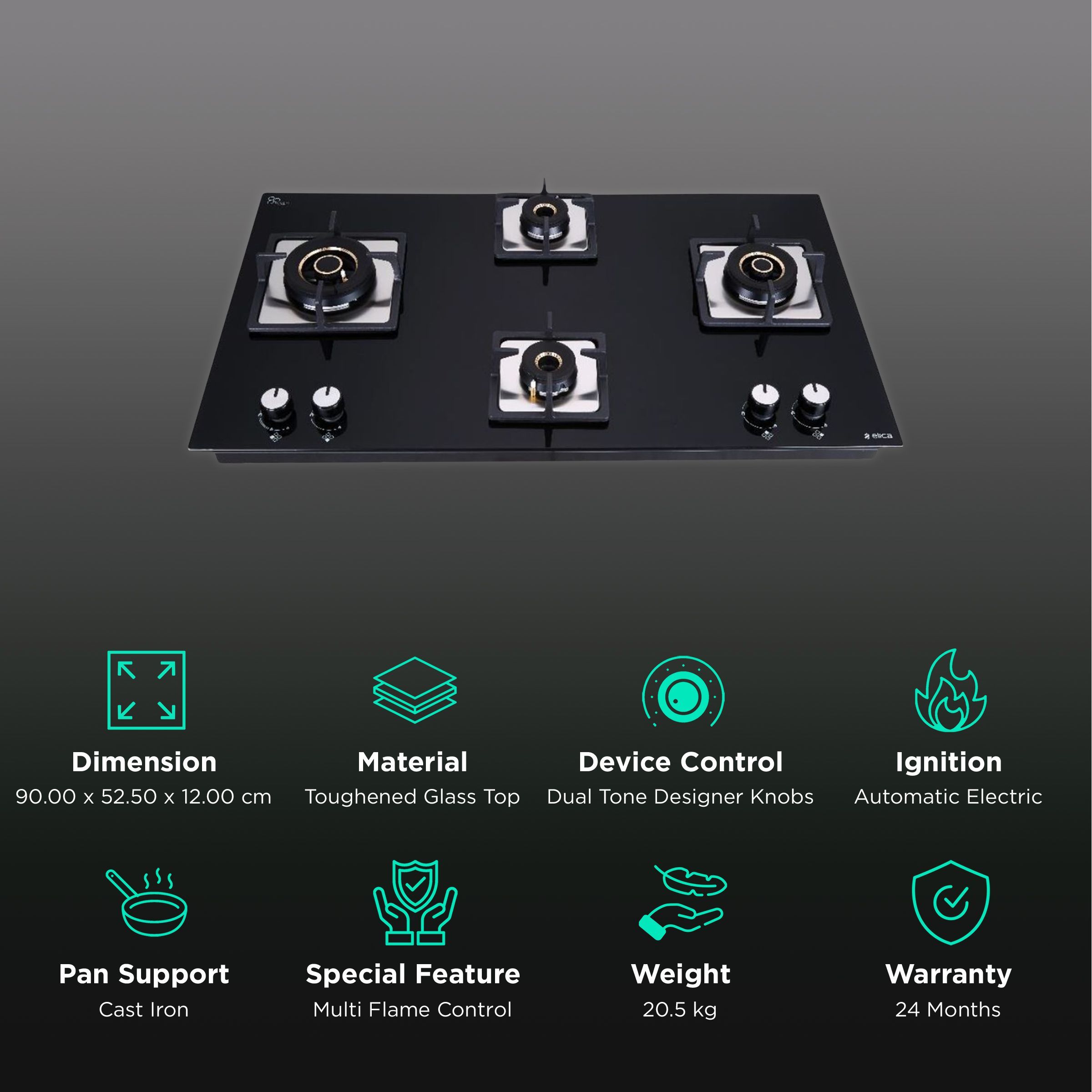 Elica FLEXI MFC AB 491 MT Toughened Glass Top 4 Burner Automatic Electric Hob (Cast Iron Grid, Black)_3