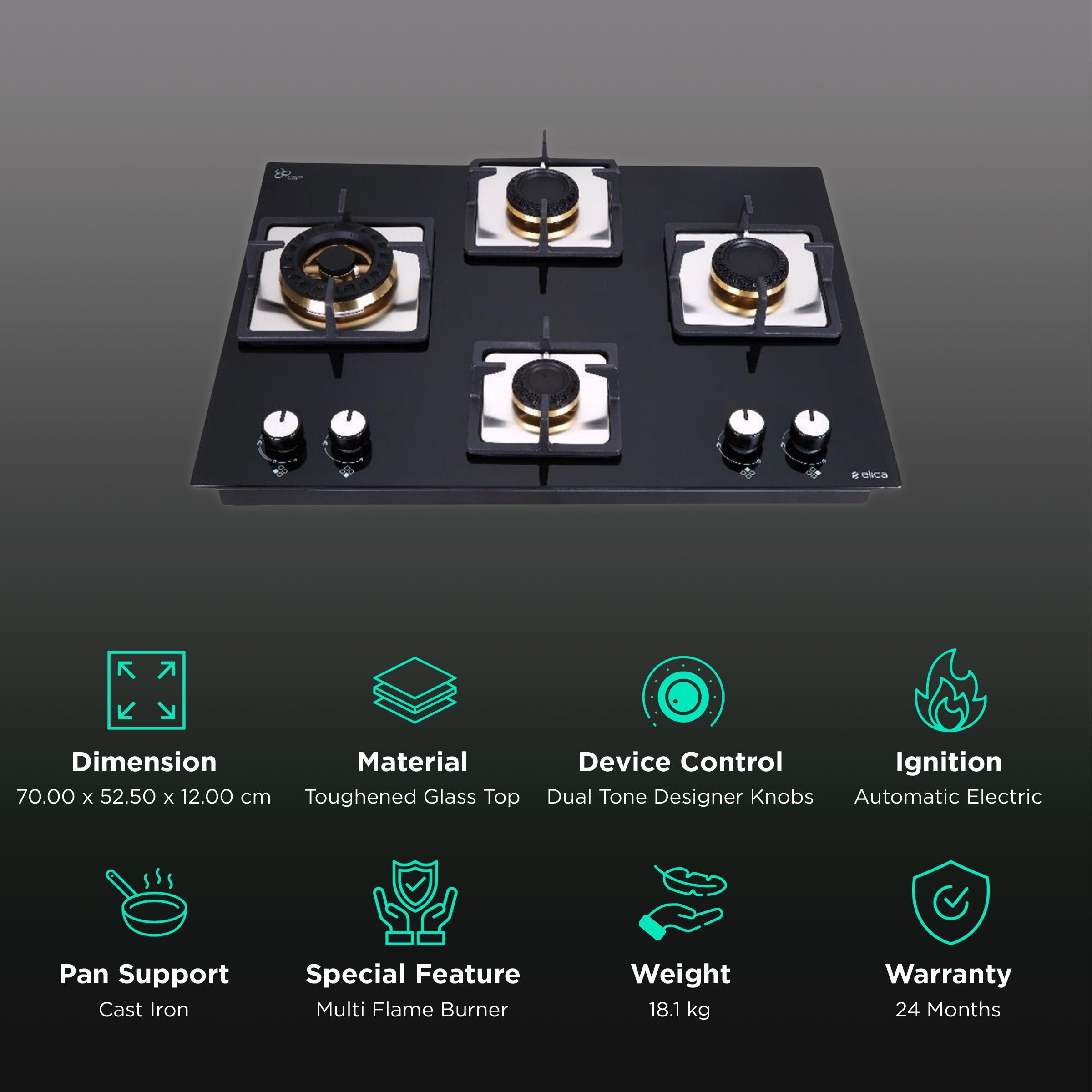 Elica FLEXI MFC FB 470 SWIRL Toughened Glass Top 4 Burner Automatic Electric Hob (Cast Iron Grid, Black)_3