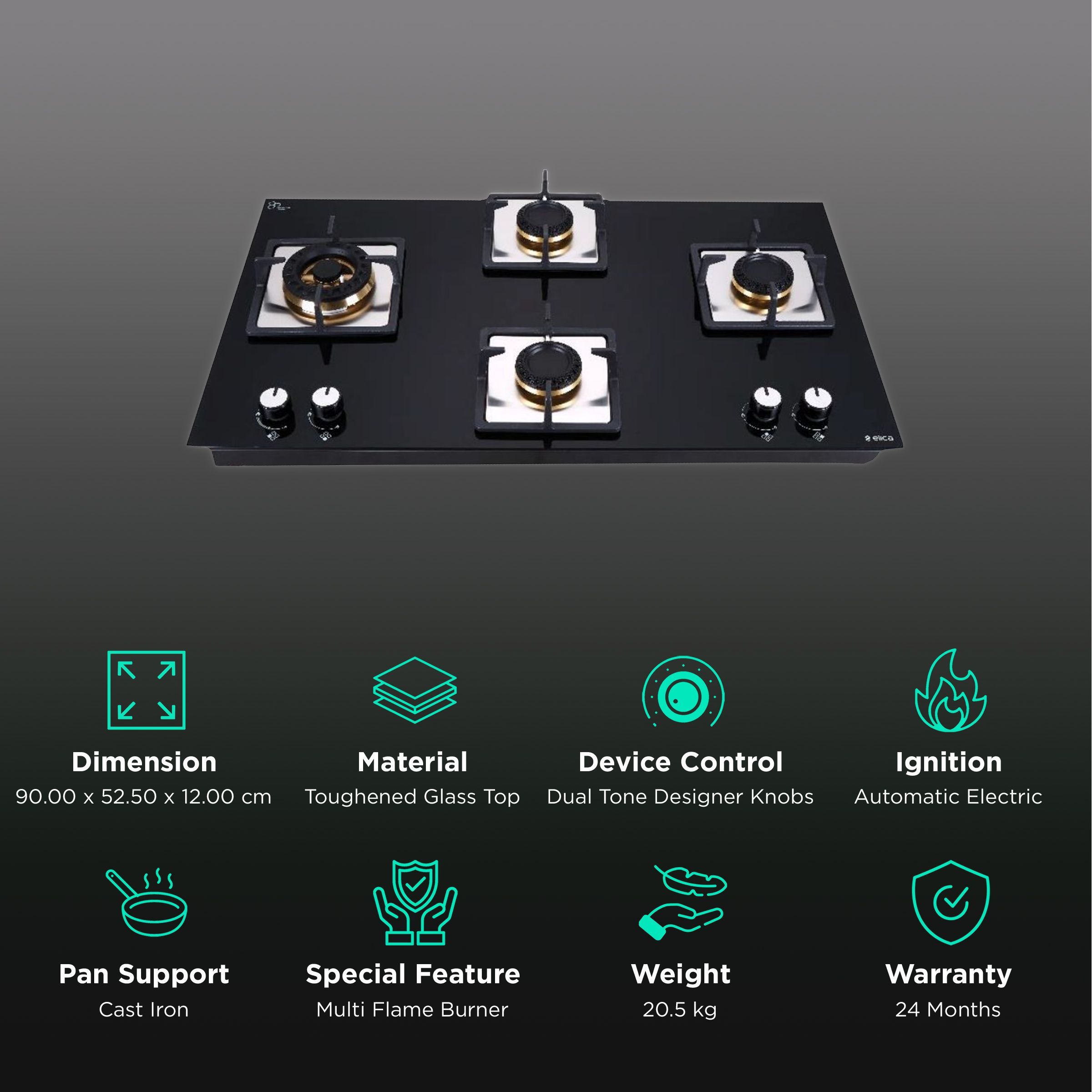 Elica FLEXI MFC FB 491 SWIRL Toughened Glass Top 4 Burner Automatic Electric Hob (Cast Iron Grid, Black)_3