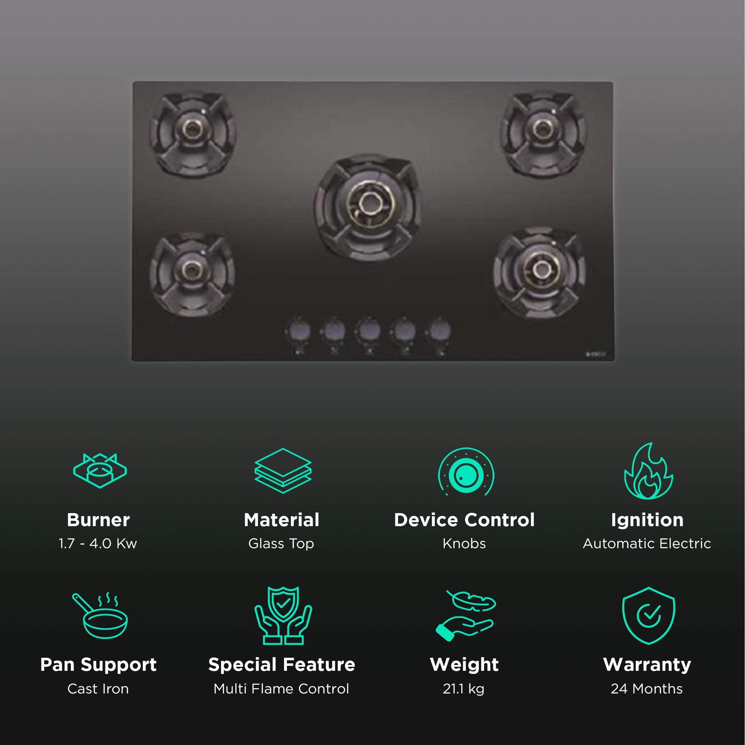 Elica CLASSIC FLEXI AB MFC 5B 91 MT Glass Top 5 Burner Automatic Electric Hob (Cast Iron Grid, Black)_3