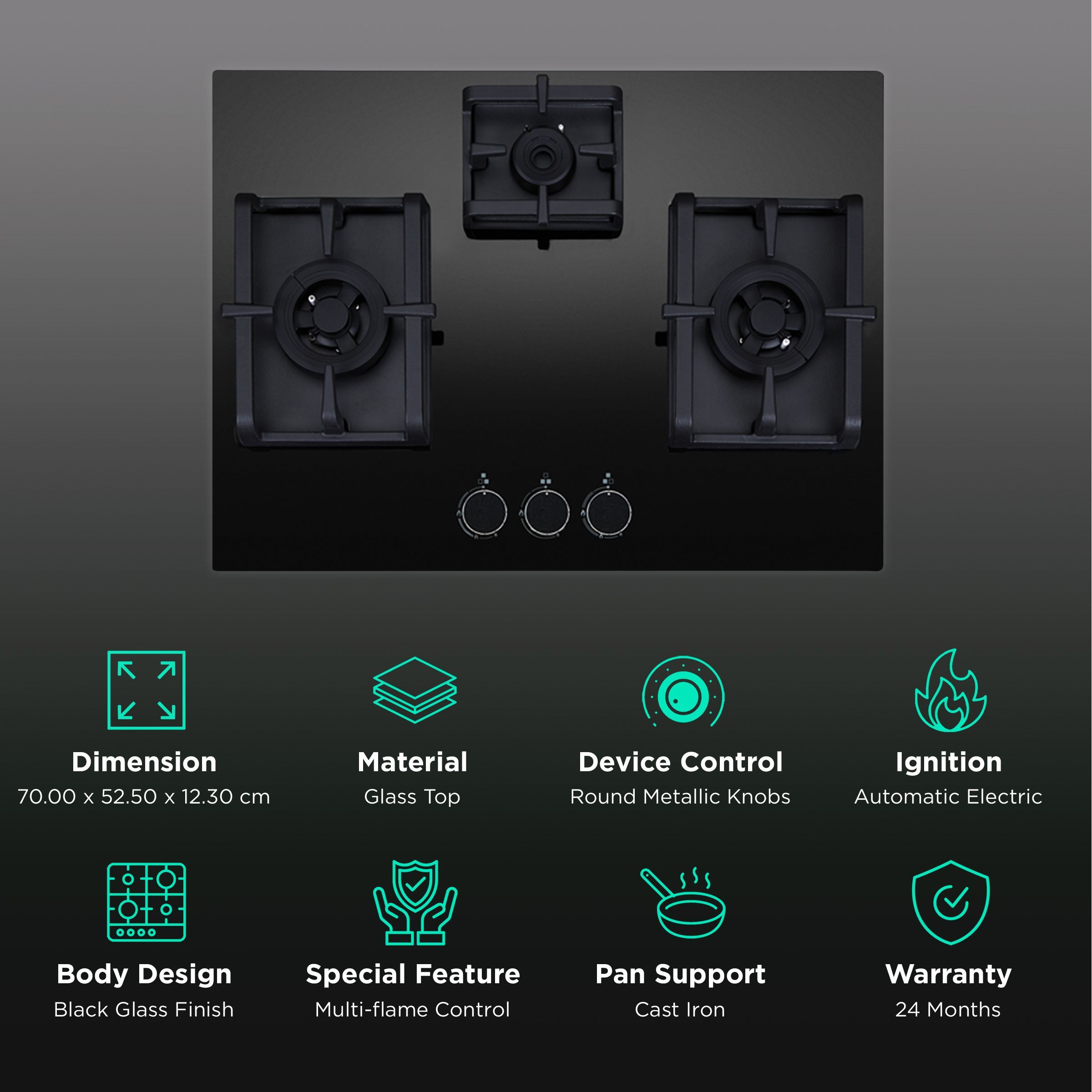 Elica Flexi Pro MAX AB MFC 3B 70 DX Glass Top 3 Burner Automatic Electric Hob (Round Metallic Knob, Black)_3