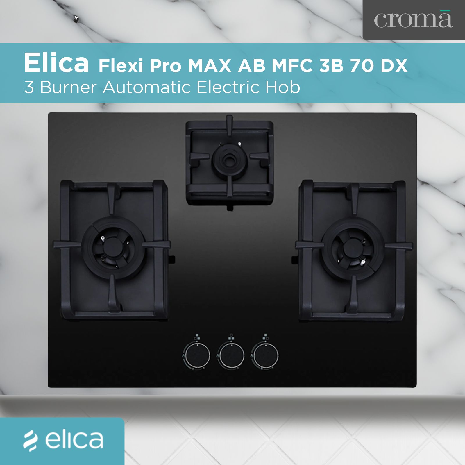 Elica Flexi Pro MAX AB MFC 3B 70 DX Glass Top 3 Burner Automatic Electric Hob (Round Metallic Knob, Black)_4