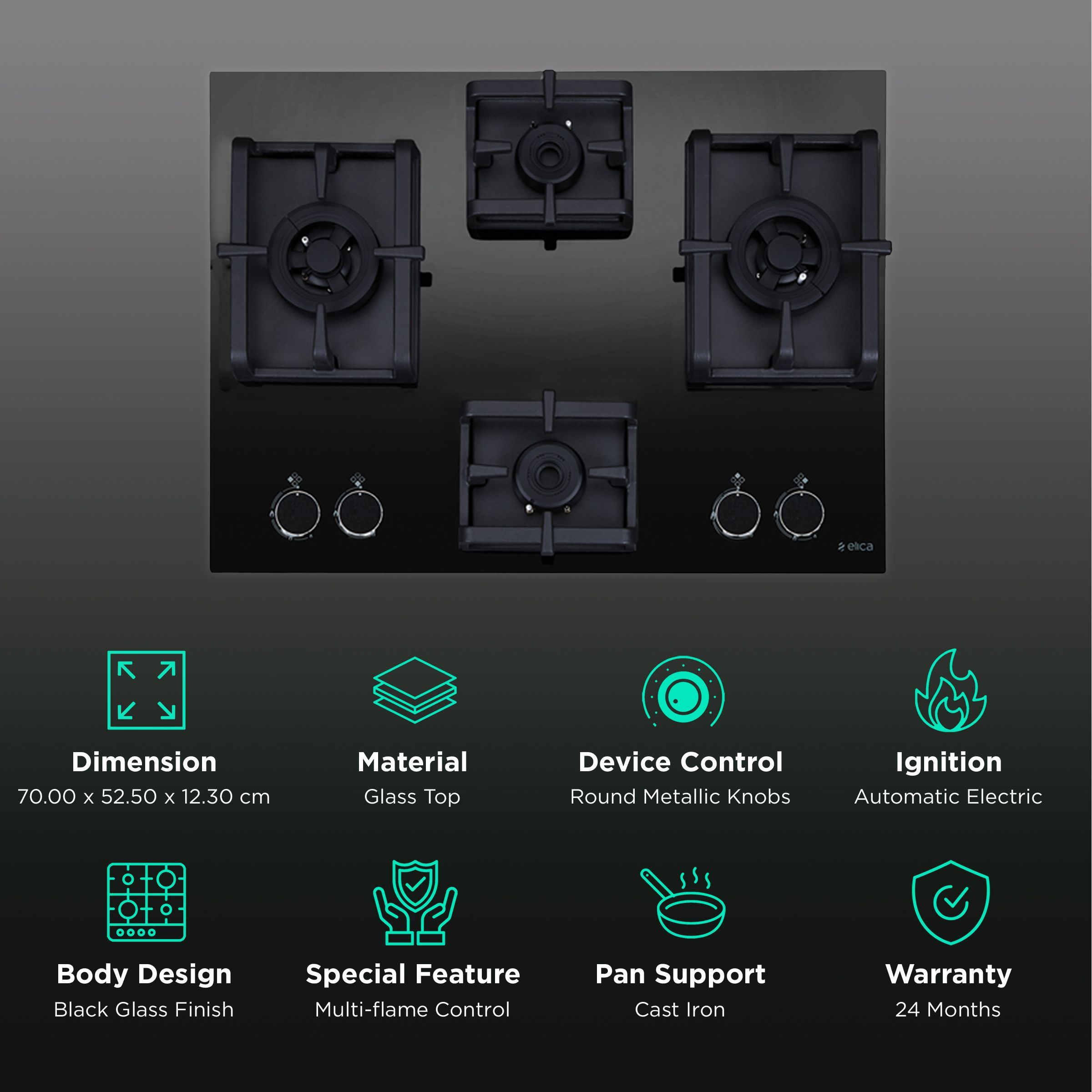 Elica Flexi Pro MAX AB MFC 4B 70 DX Glass Top 4 Burner Automatic Electric Hob (Round Metallic Knob, Black)_3