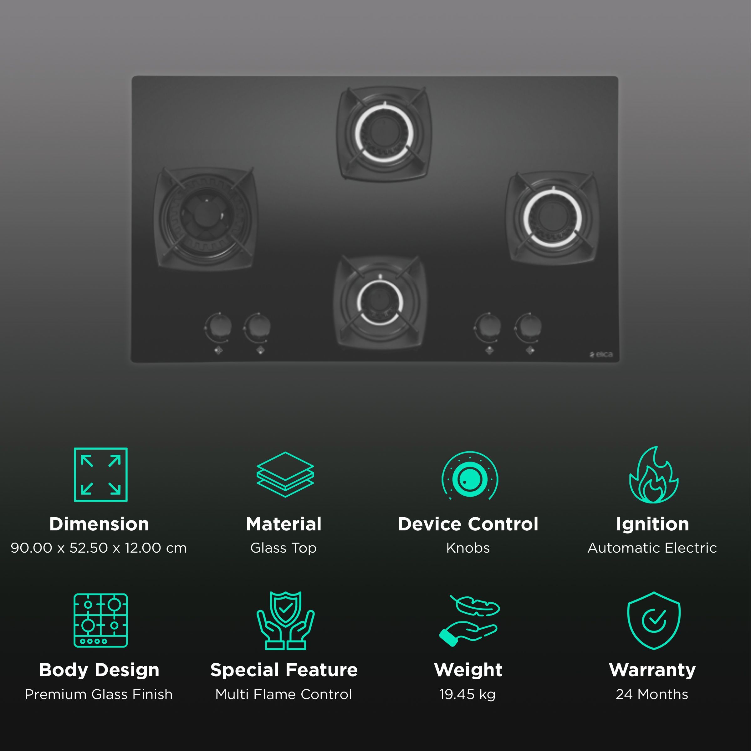 Elica DT MFC 4B 91 SWIRL Glass Top 4 Burner Automatic Electric Hob (Cast Iron Grid, Black)_3