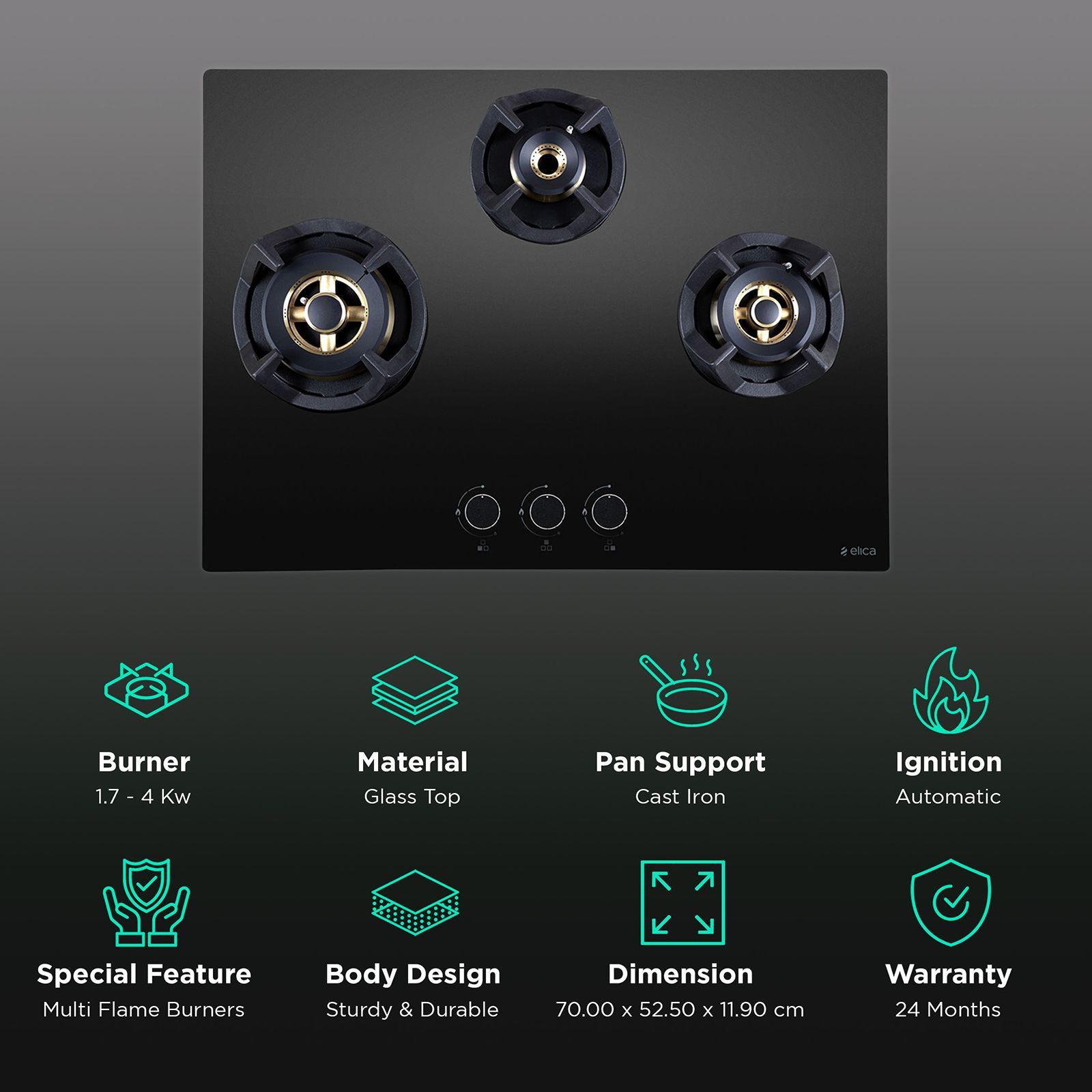 Elica CLASSIC FB MFC 3B 70 MT Glass Top 3 Burner Automatic Electric Hob (Cast Iron Support, Black)_3