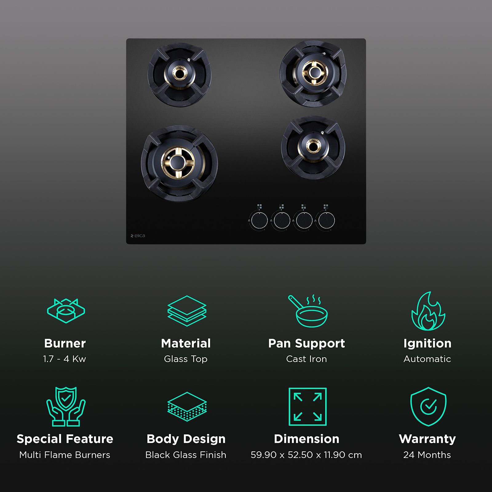 Elica CLASSIC FB MFC 4B 60 MT Glass Top 4 Burner Automatic Electric Hob (Cast Iron Support, Black)_3