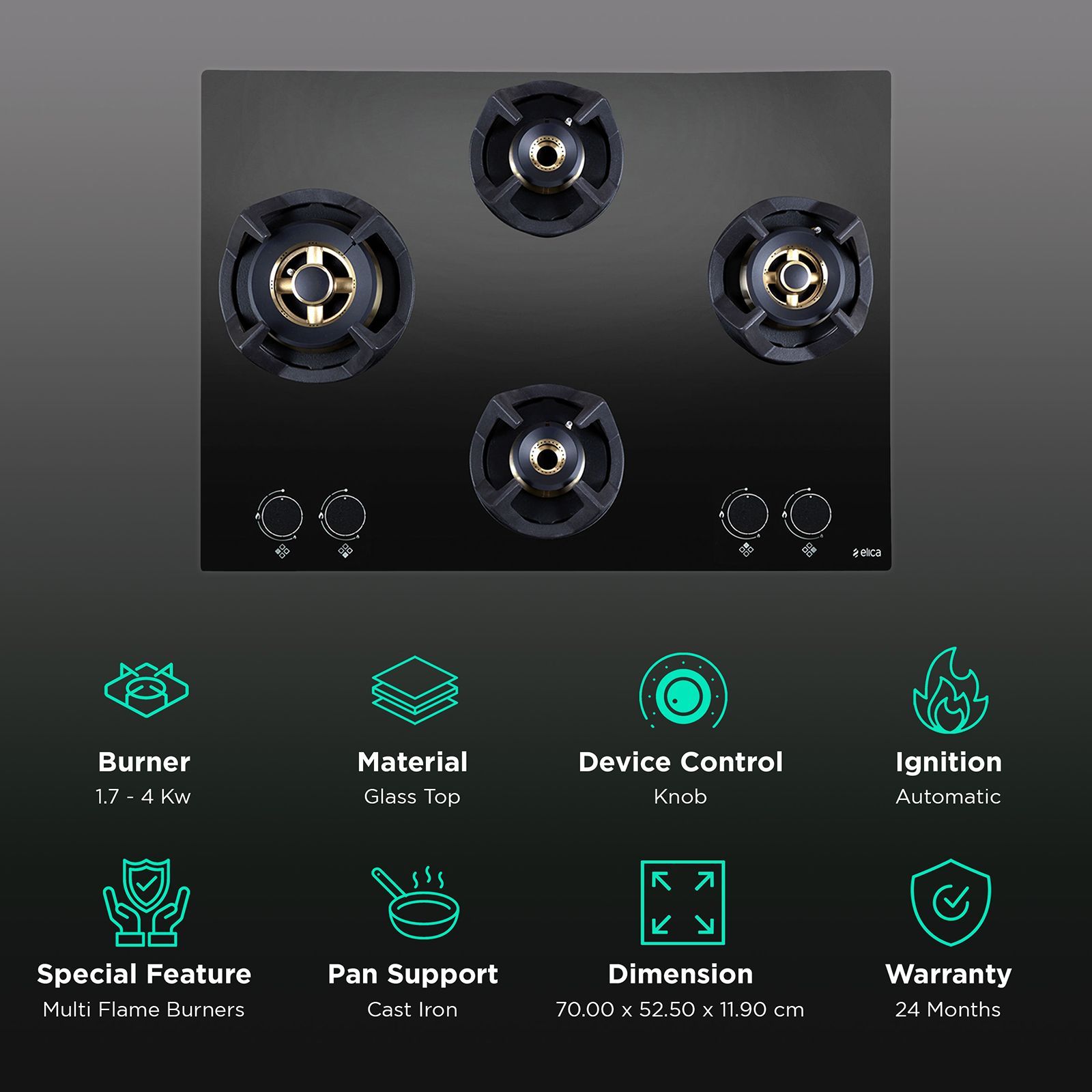 Elica CLASSIC FB MFC 4B 70 MT Glass Top 4 Burner Automatic Electric Hob (Cast Iron Support, Black)_3