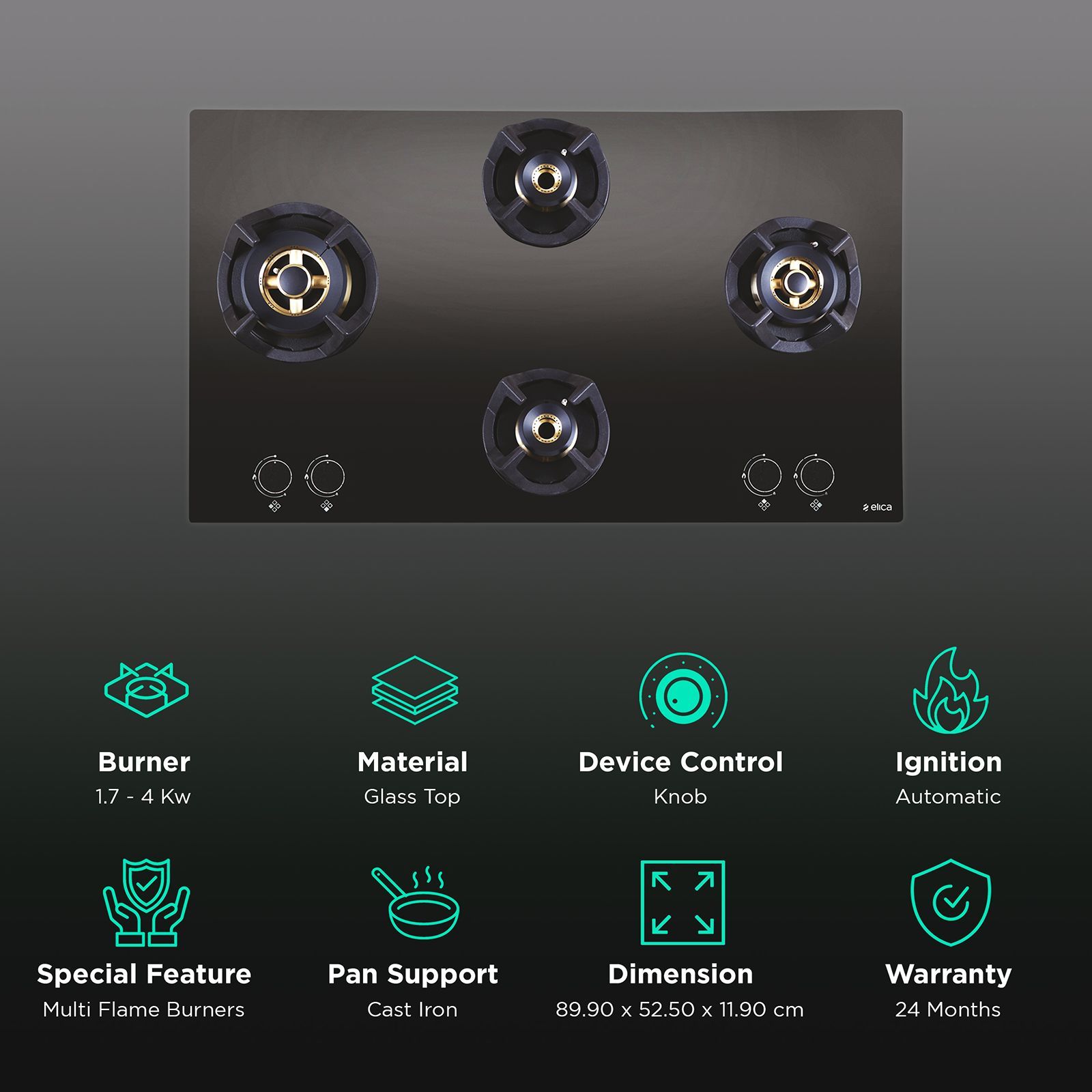 Elica CLASSIC FB MFC 4B 91 MT Glass Top 4 Burner Automatic Electric Hob (Cast Iron Support, Black)_3