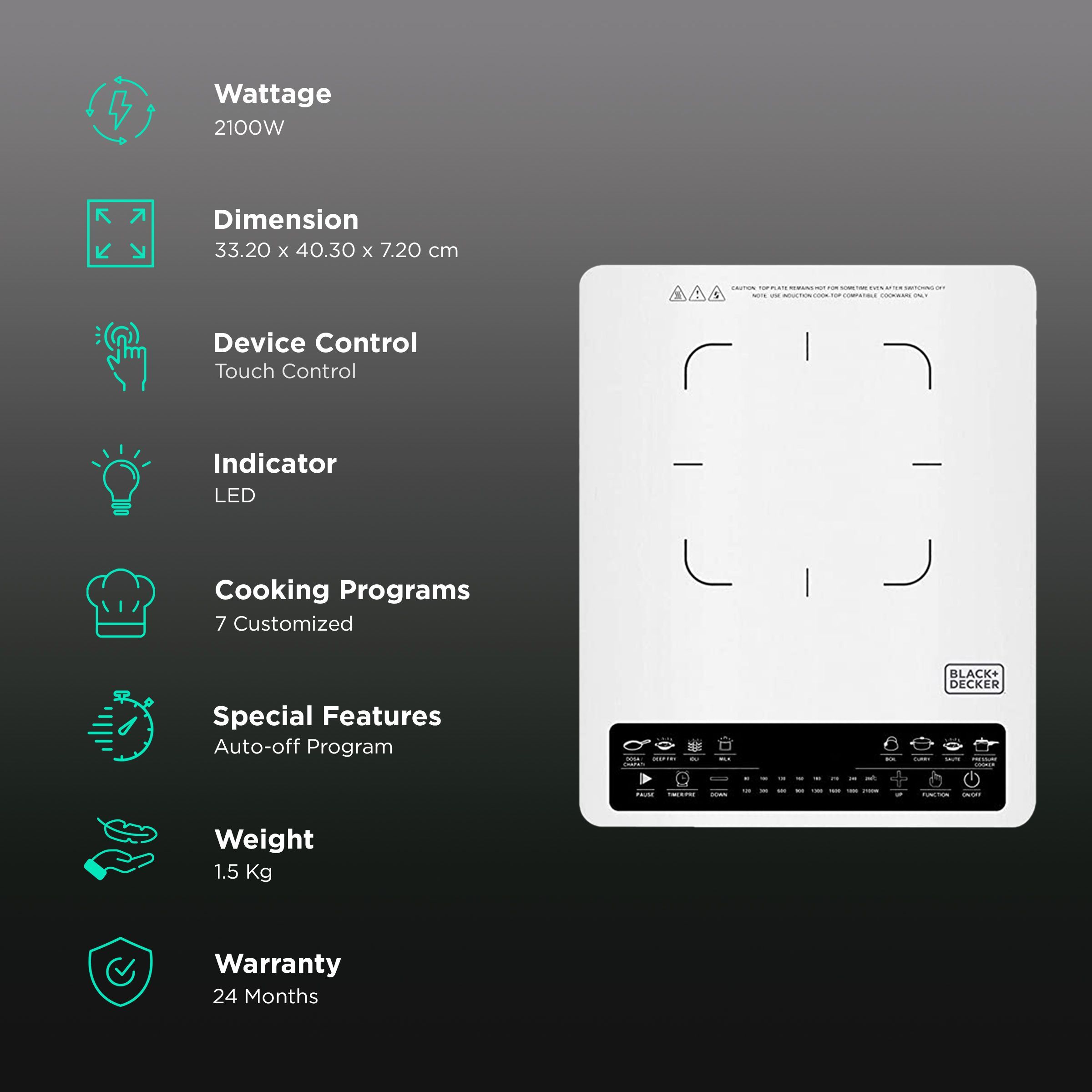 Black & Decker 2100W Induction Cooktop with 7 Preset Menus Black & Decker 2100W Induction Cooktop with 7 Preset Menus_3