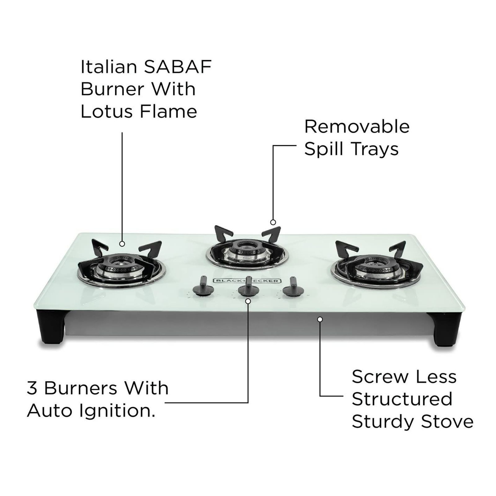 Black & Decker Toughened Glass Top 3 Burner Automatic Gas Stove (Skid-Proof Legs, White)_7