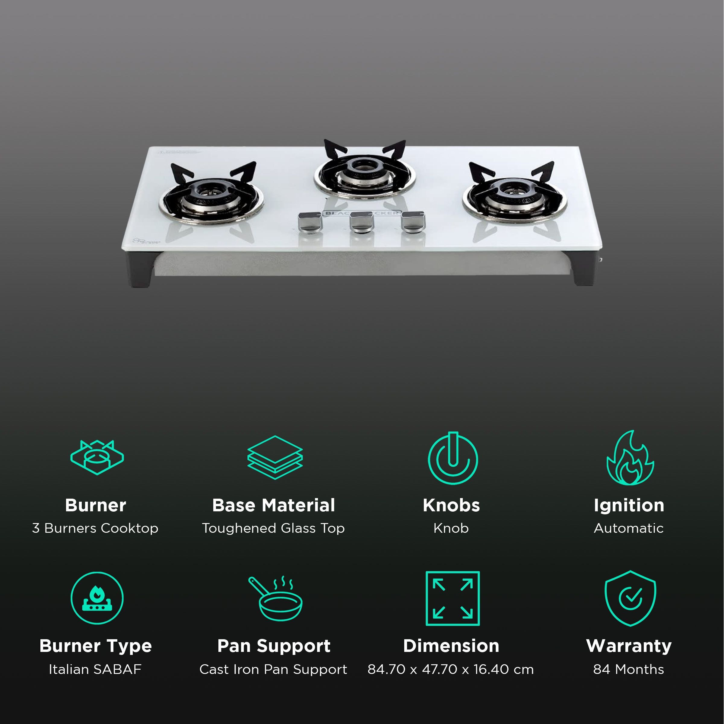 Black & Decker Toughened Glass Top 3 Burner Automatic Gas Stove (Skid-Proof Legs, White)_3