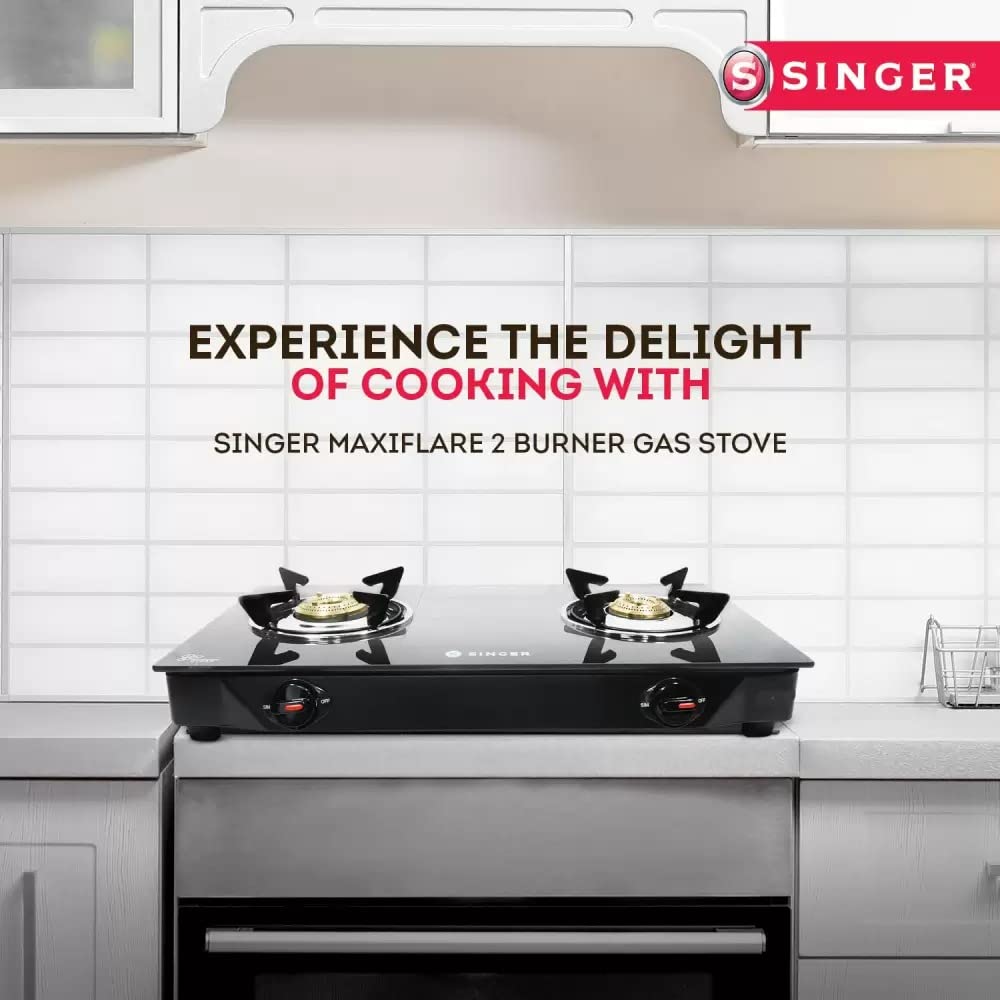 Singer Maxiflare Toughened Glass Top 2 Burner Manual Gas Stove (Powder Coated Pan Support, Black)_9