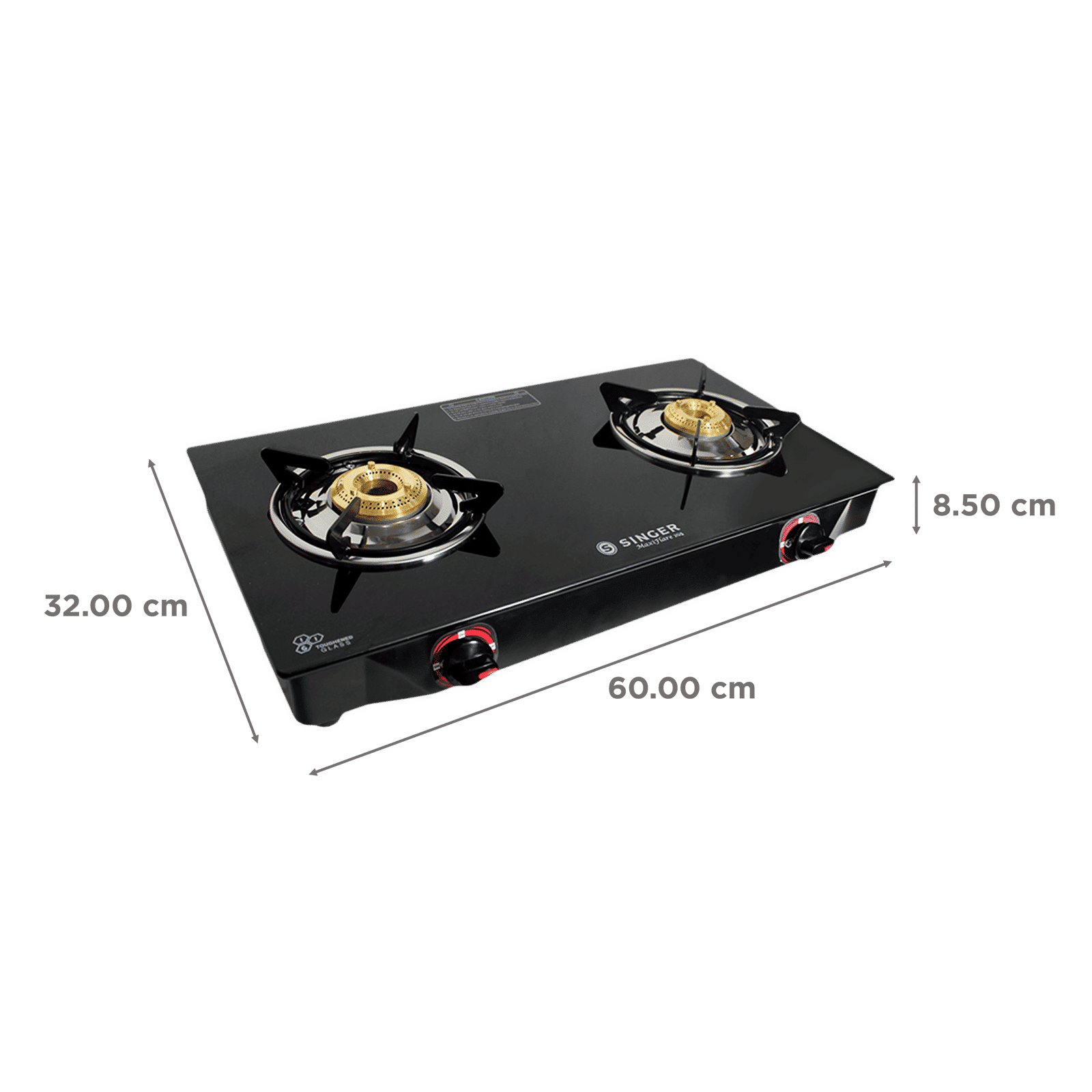 Singer Maxiflare Toughened Glass Top 2 Burner Manual Gas Stove (Powder Coated Pan Support, Black)_2