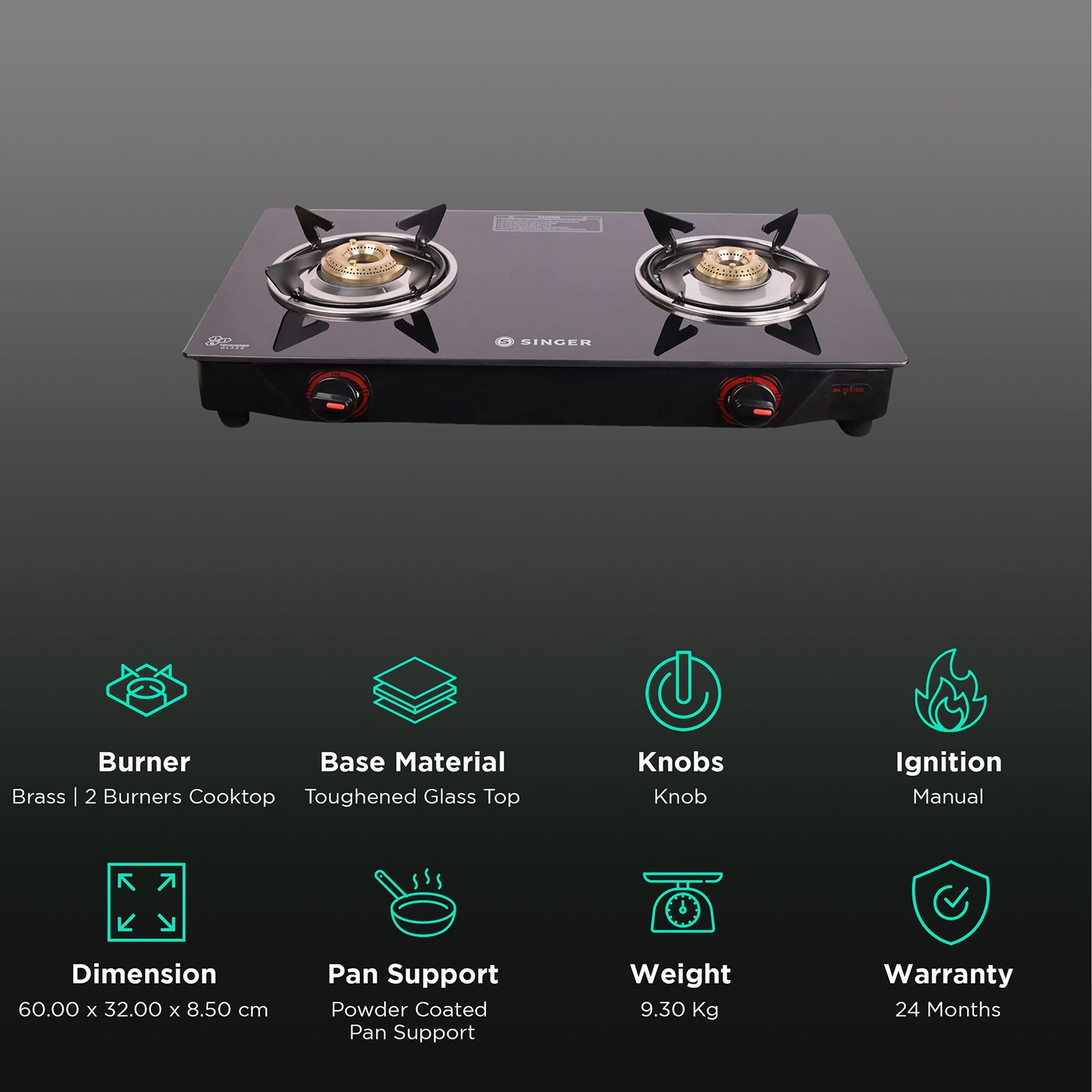 Singer Maxiflare Toughened Glass Top 2 Burner Manual Gas Stove (Powder Coated Pan Support, Black)_3