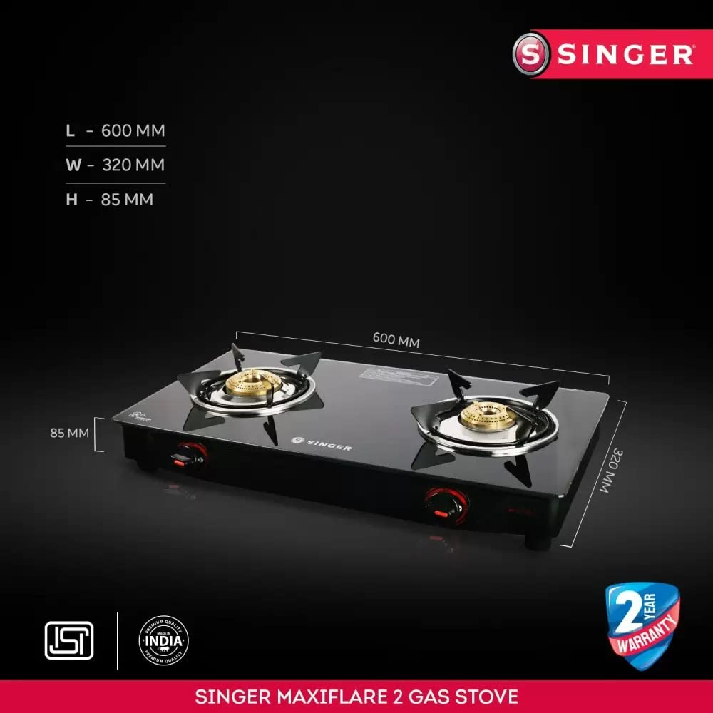 Singer Maxiflare Toughened Glass Top 2 Burner Manual Gas Stove (Powder Coated Pan Support, Black)_7