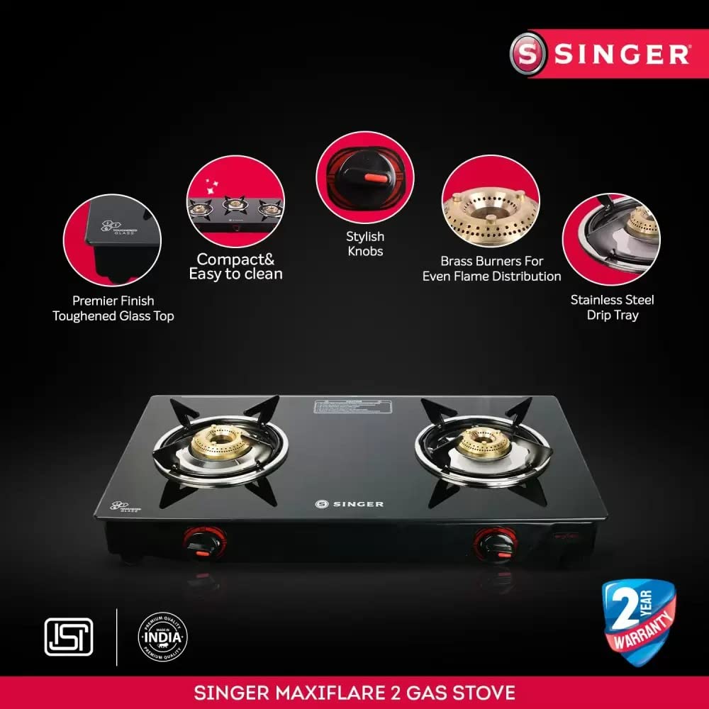 Singer Maxiflare Toughened Glass Top 2 Burner Manual Gas Stove (Powder Coated Pan Support, Black)_8