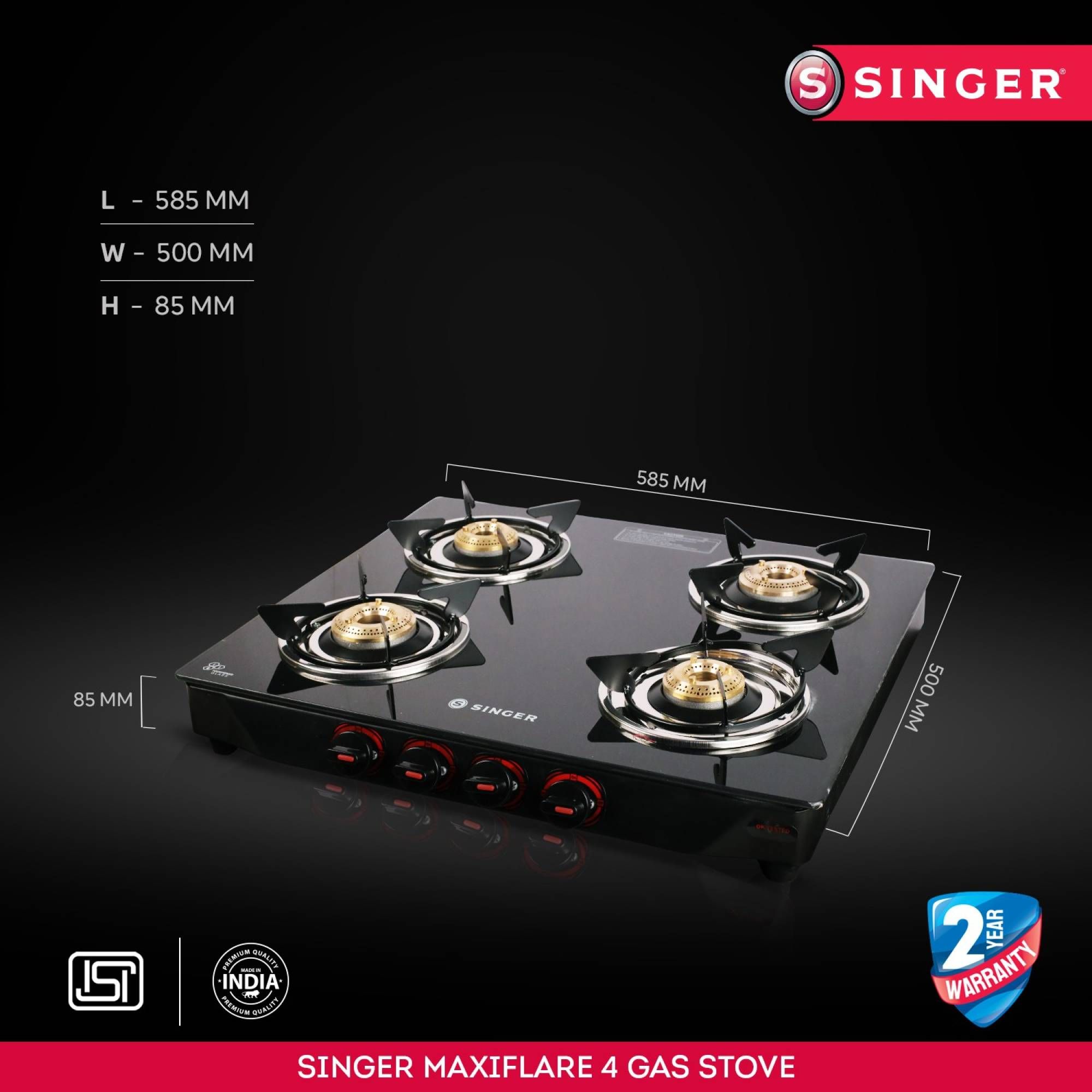 Singer Maxiflare Toughened Glass Top 4 Burner Manual Gas Stove (Powder Coated Pan Support, Black) Singer Maxiflare Toughened Glass Top 4 Burner Manual Gas Stove (Powder Coated Pan Support, Black)_6