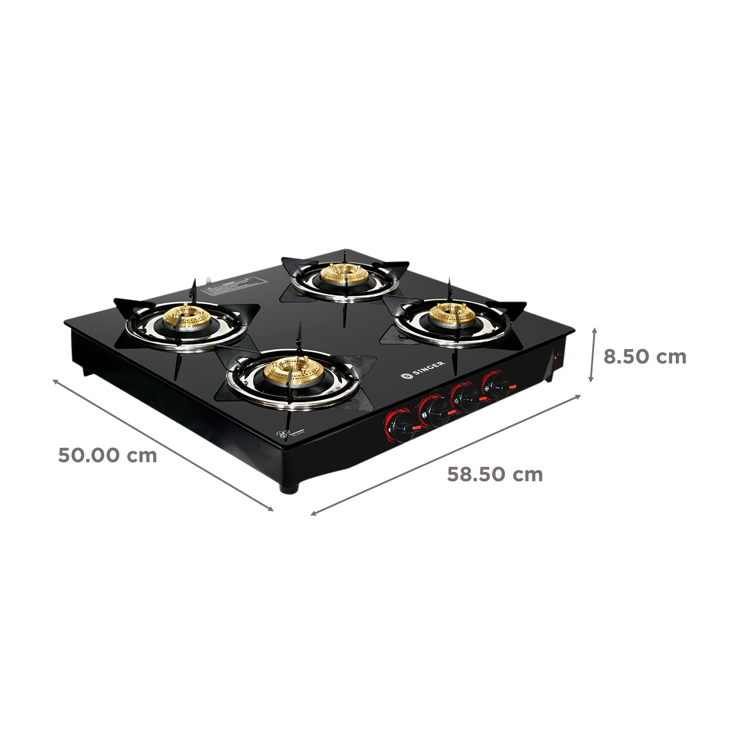 Singer Maxiflare Toughened Glass Top 4 Burner Manual Gas Stove (Powder Coated Pan Support, Black) Singer Maxiflare Toughened Glass Top 4 Burner Manual Gas Stove (Powder Coated Pan Support, Black)_2