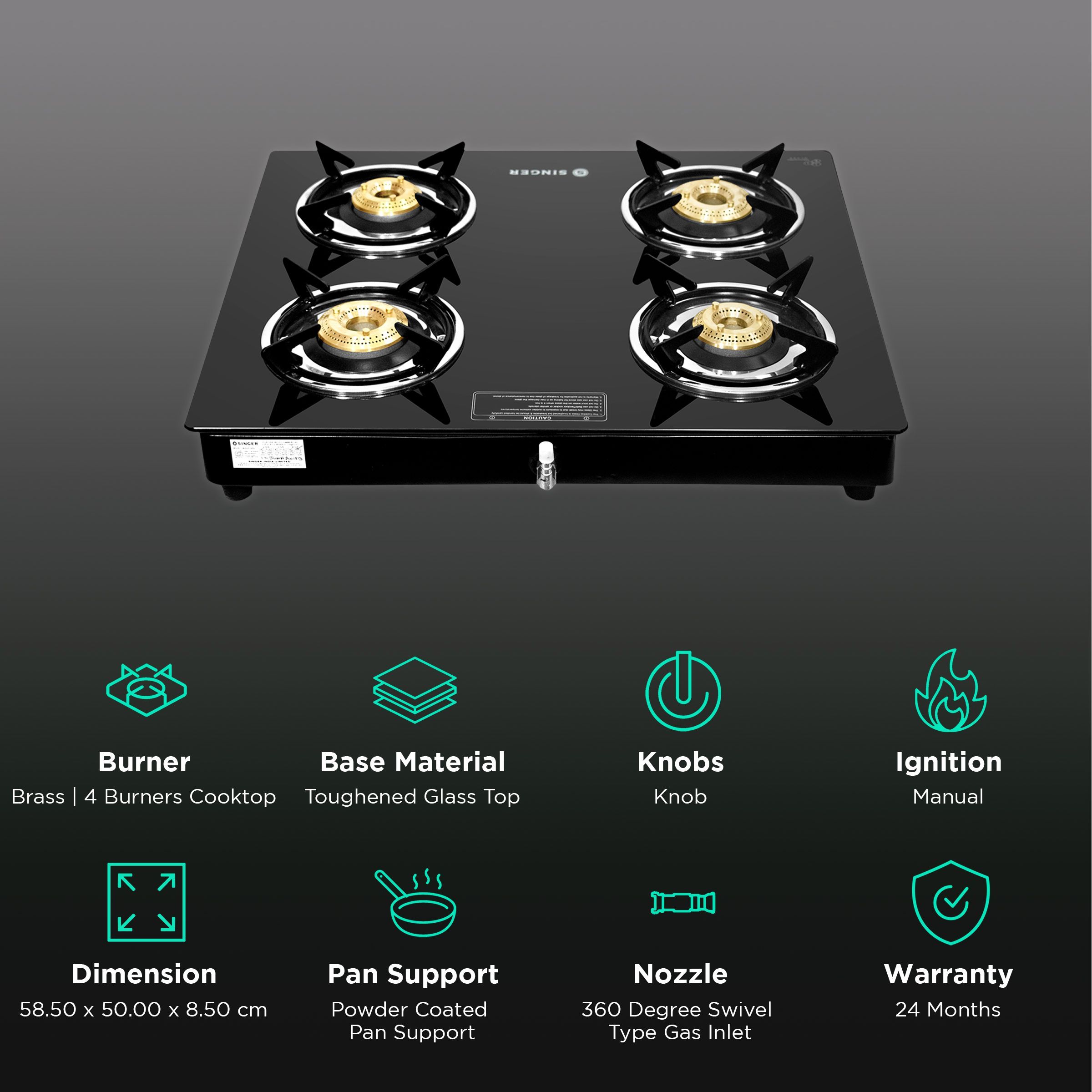 Singer Maxiflare Toughened Glass Top 4 Burner Manual Gas Stove (Powder Coated Pan Support, Black) Singer Maxiflare Toughened Glass Top 4 Burner Manual Gas Stove (Powder Coated Pan Support, Black)_3
