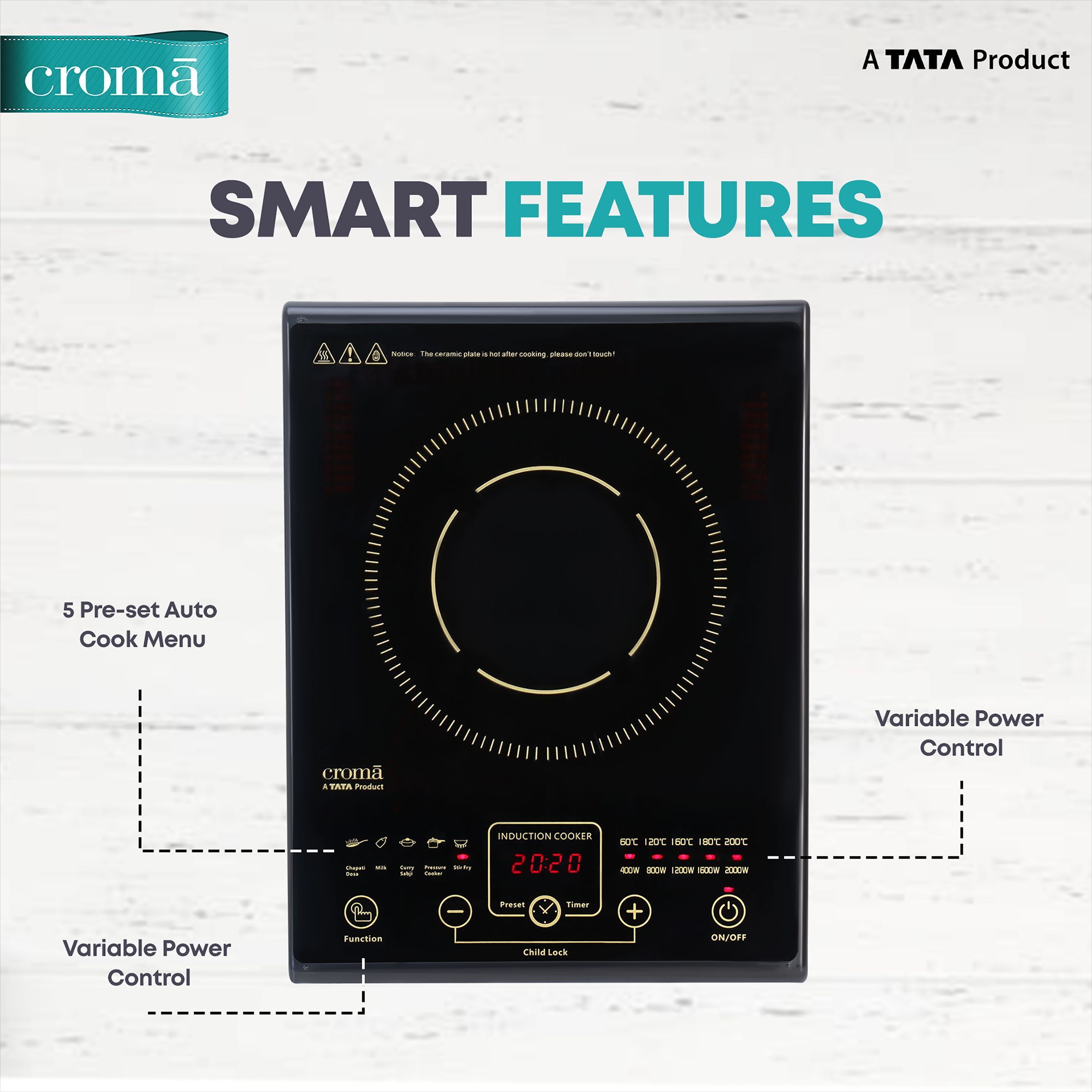Croma 2000W Induction Cooktop with 5 Preset Menus_9