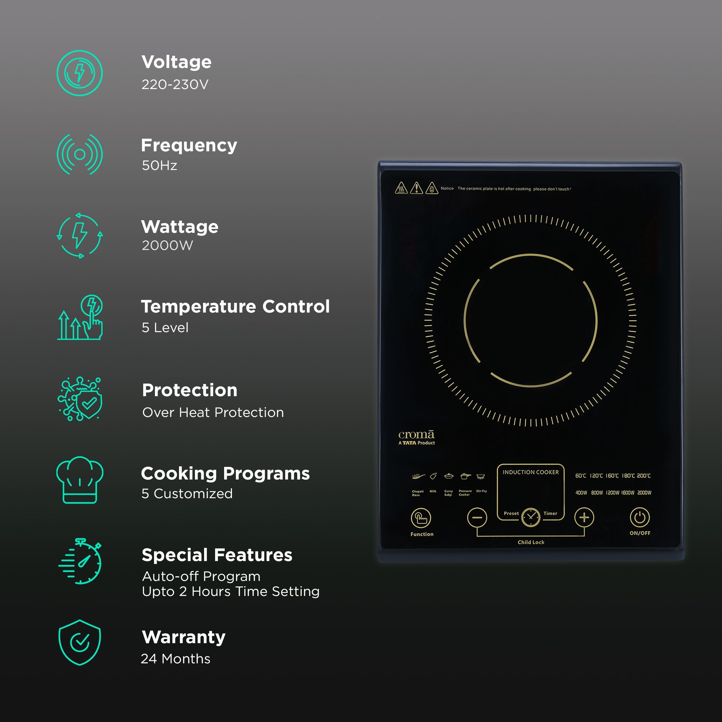 Croma 2000W Induction Cooktop with 5 Preset Menus_3