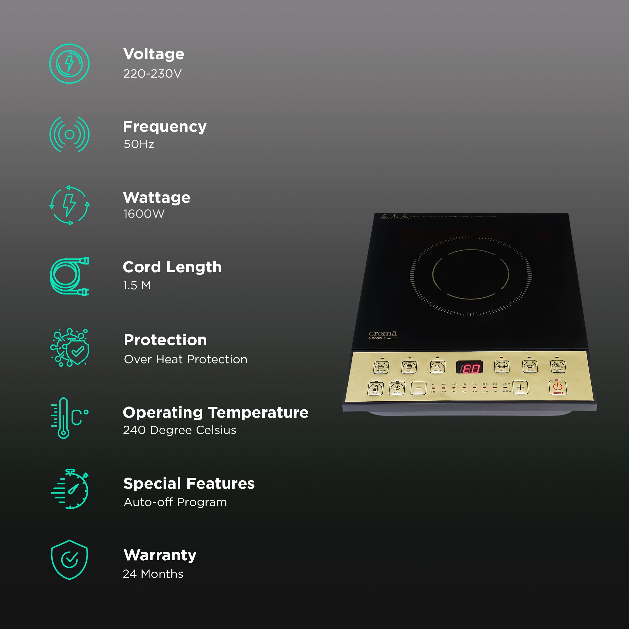 Croma 1600W Induction Cooktop with 7 Preset Menus_3