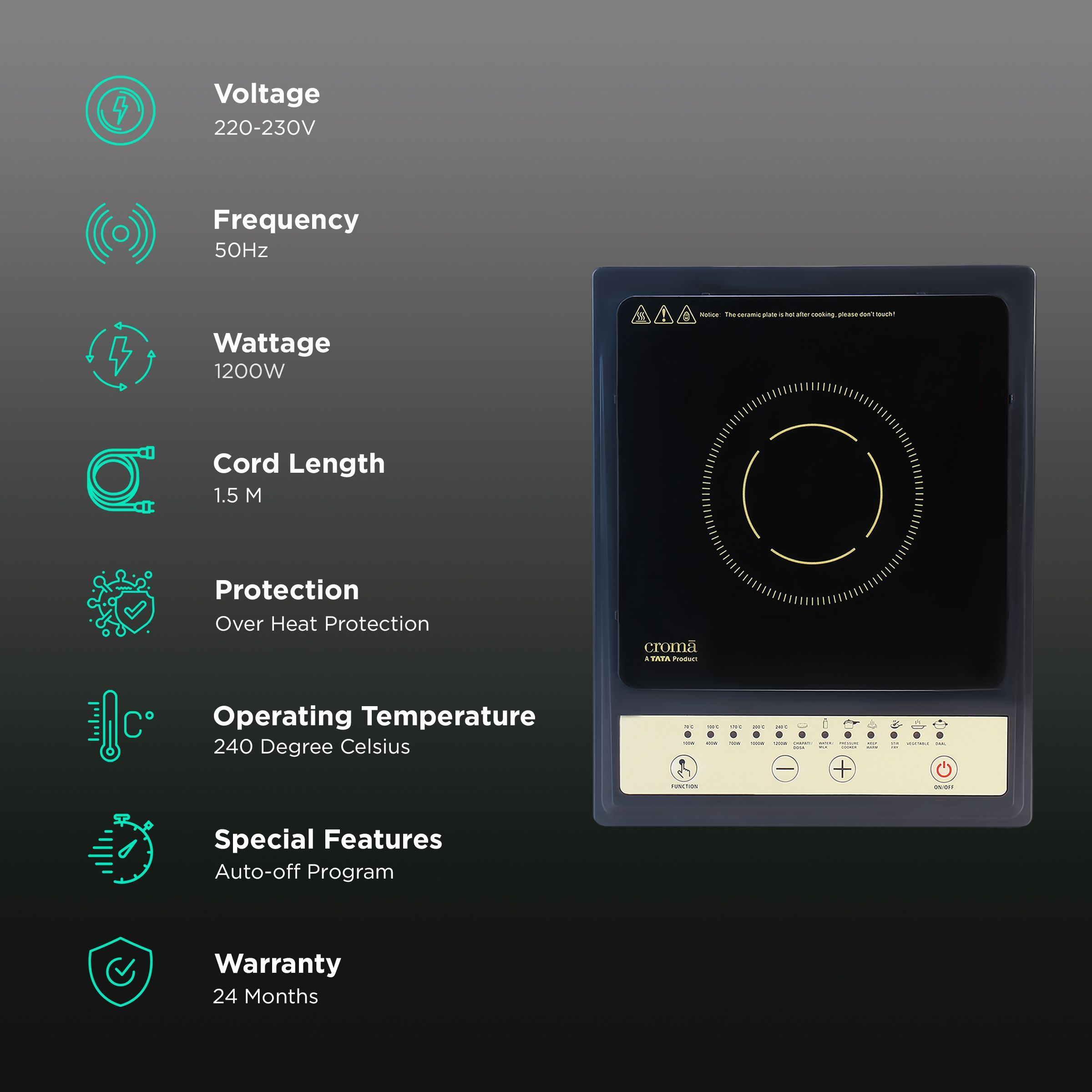 Croma 1200W Induction Cooktop with 7 Preset Menus_3