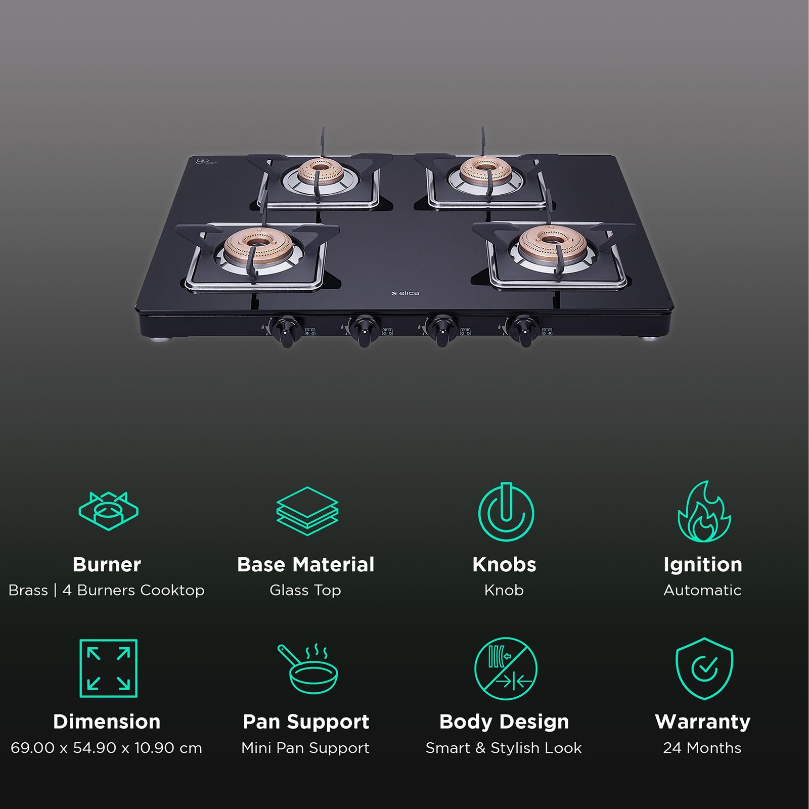 Elica 694 CT VETRO SLIMLINE SPF 2J AI Glass Top 4 Burner Automatic Gas Stove (Square Euro Coated Grids, Black) Elica 694 CT VETRO SLIMLINE SPF 2J AI Glass Top 4 Burner Automatic Gas Stove (Square Euro Coated Grids, Black)_3