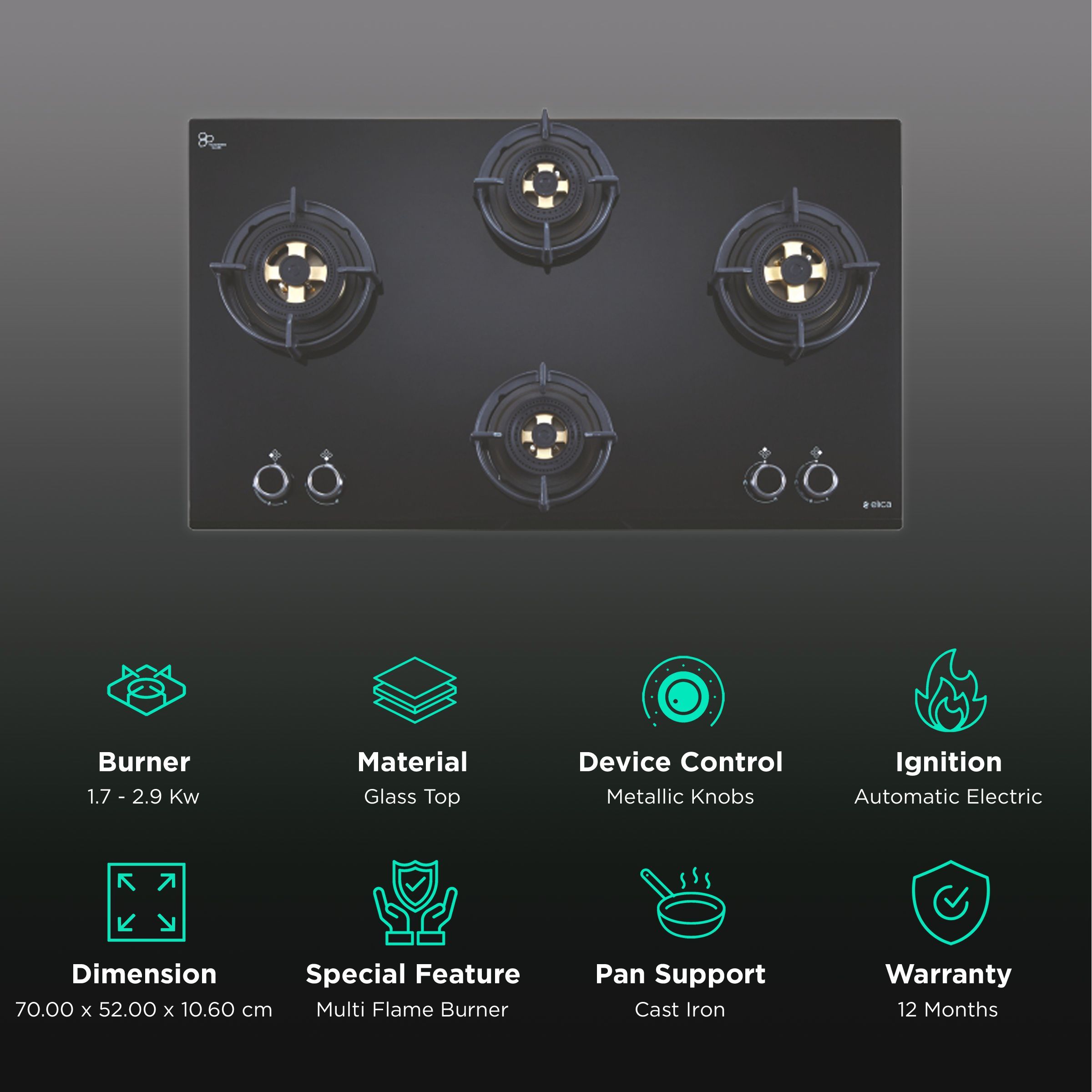 Elica FLEXI DFS FB 4B 70 TX Glass Top 4 Burner Automatic Electric Hob (Round Enamelled Grid, Black)_3