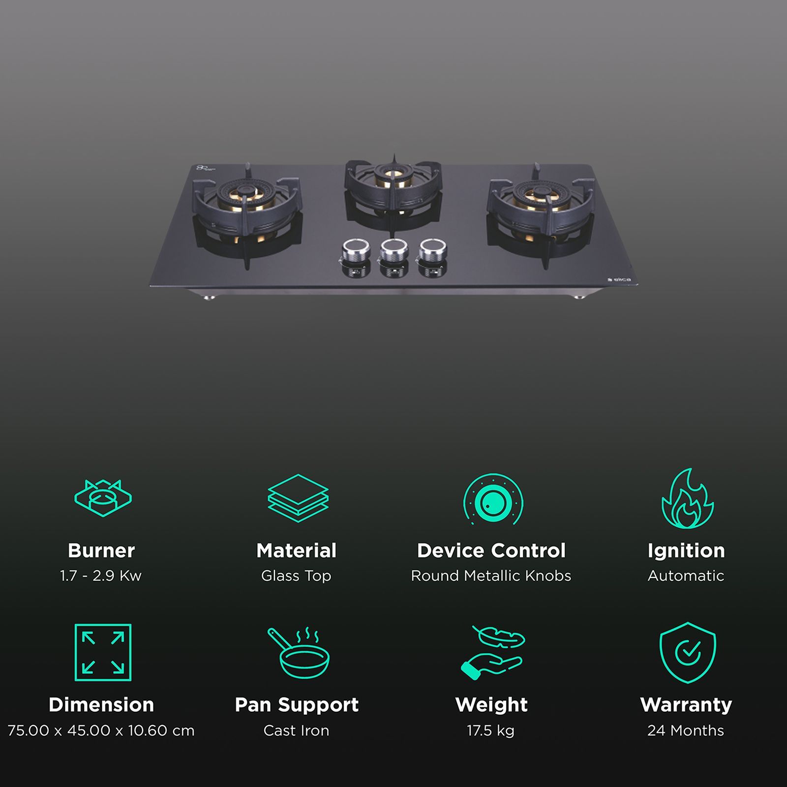 Elica FLEXI DFS FB 3B 75 DX Glass Top 3 Burner Automatic Hob (Round Enamelled Grid, Black)_3