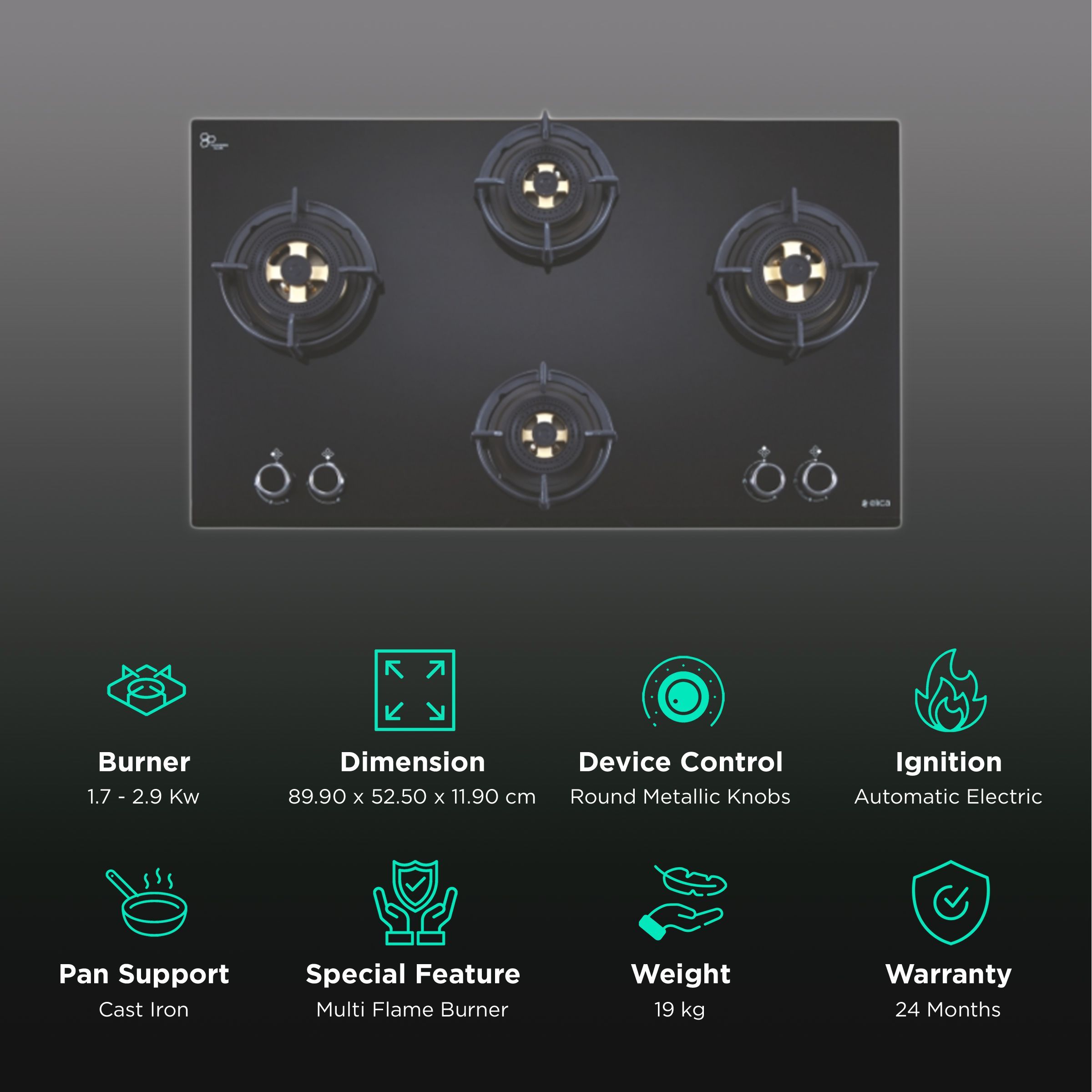 Elica FLEXI DFS FB 4B 91 TX 4 Burner Automatic Electric Hob (Round Metallic Knob, Black)_3