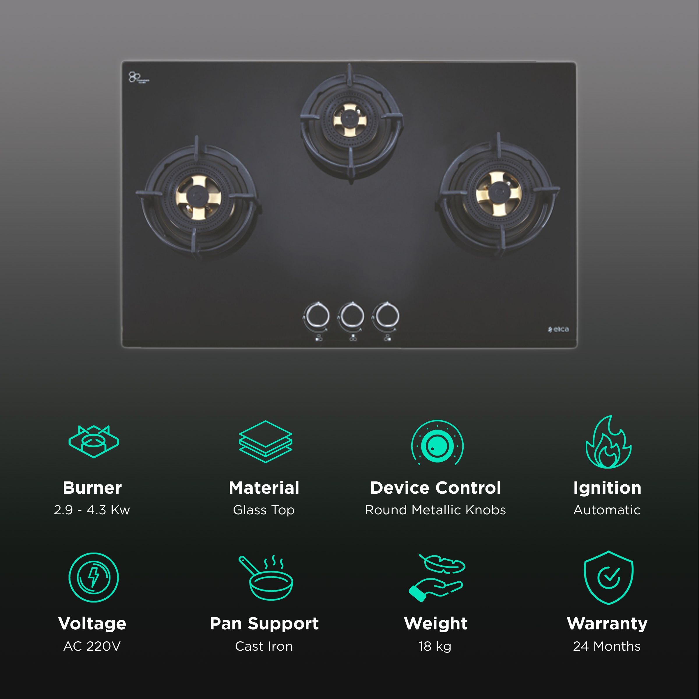 Elica DFS FB MFC 3B 70 DX Glass Top 3 Burner Automatic Hob (Round Enamelled Grid, Black)_3