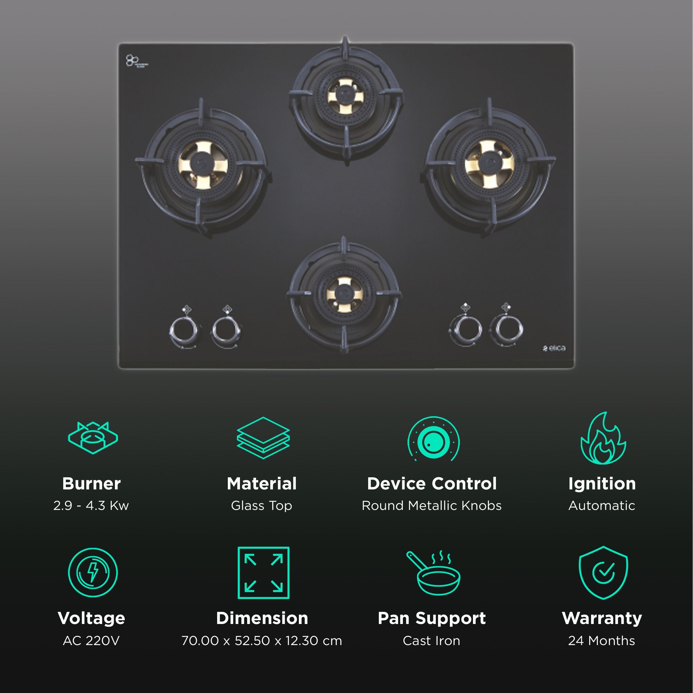 Elica DFS FB MFC 4B 70 DX Glass Top 4 Burner Automatic Hob (Round Enamelled Grid, Black)_3