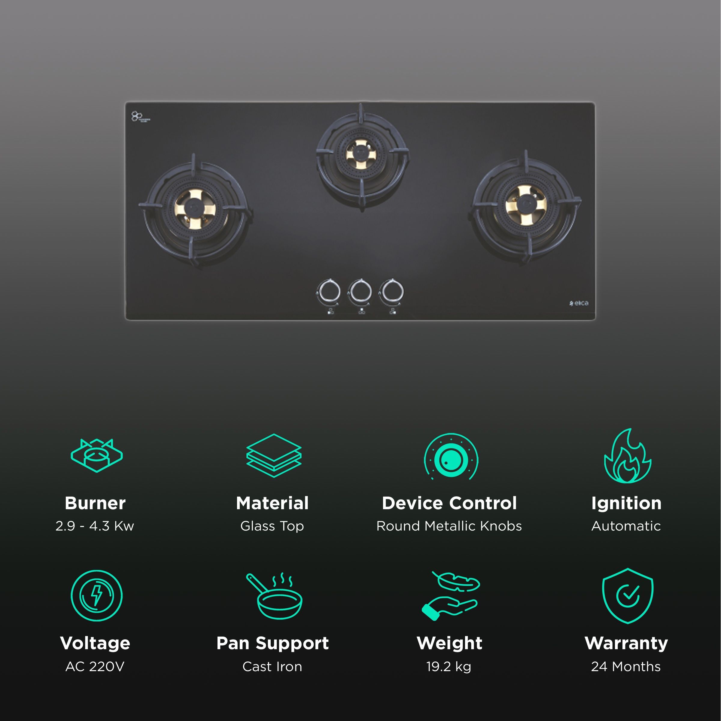 Elica DFS FB MFC 3B 90 DX Glass Top 3 Burner Automatic Hob (Round Enamelled Grid, Black)_3