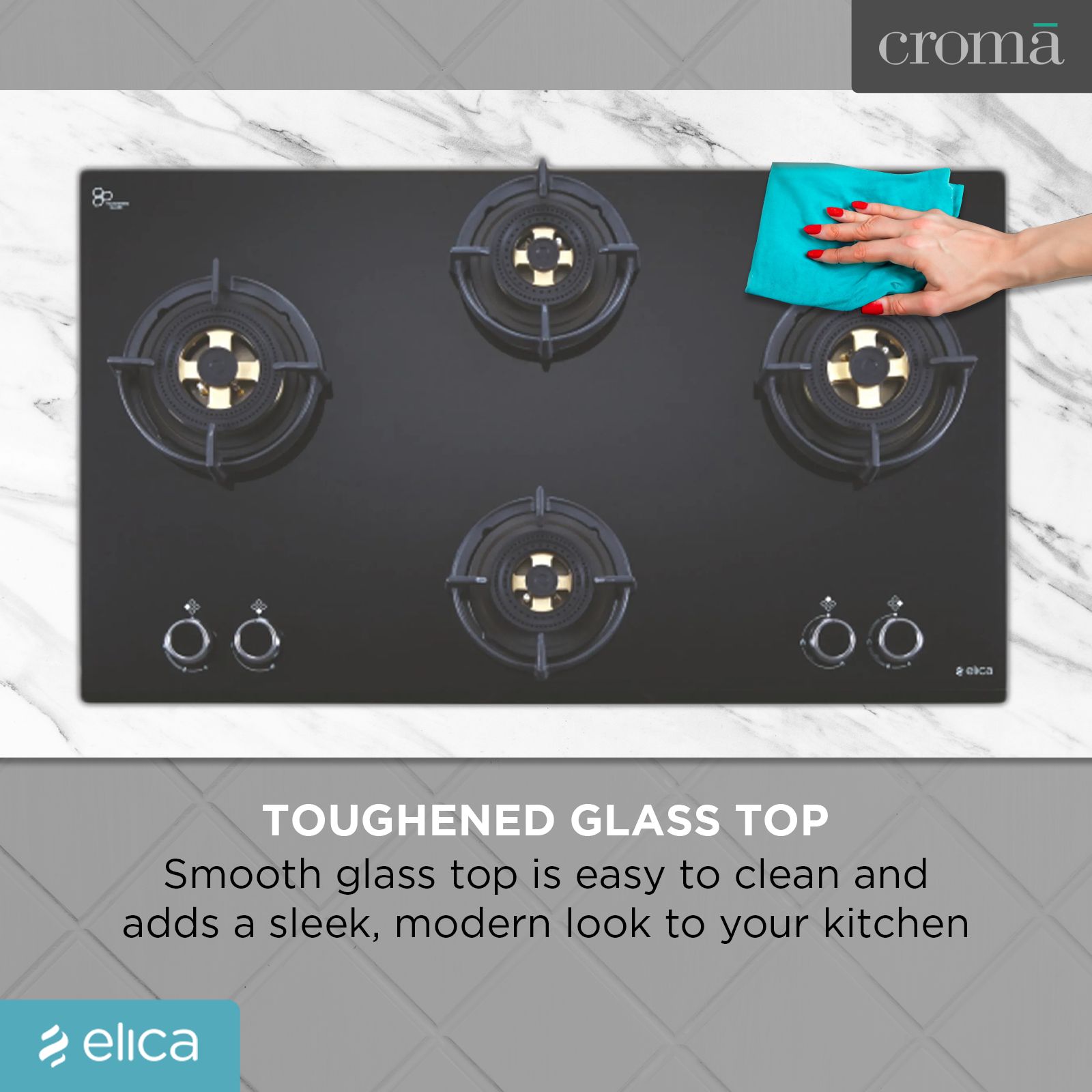 Elica DFS FB MFC 4B 91 DX Glass Top 4 Burner Automatic Hob (Round Enamelled Grid, Black)_6