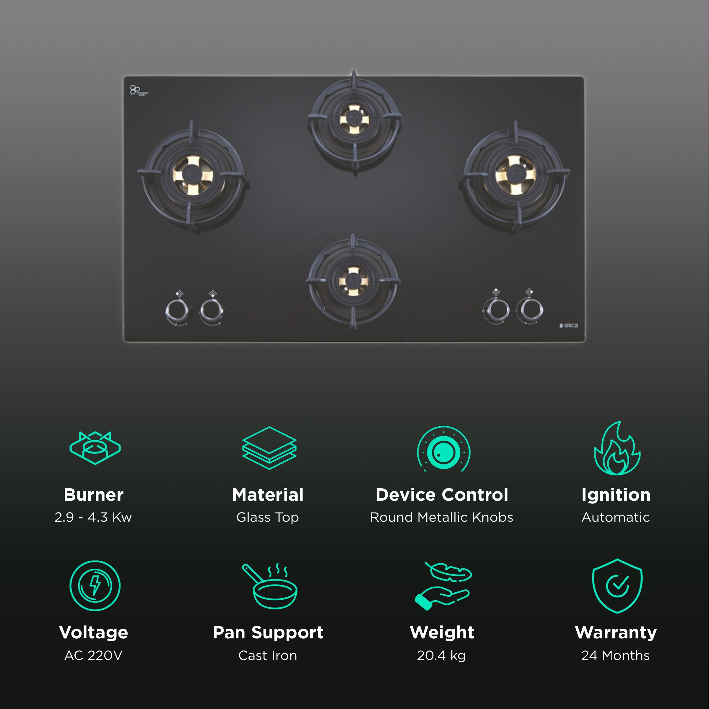 Elica DFS FB MFC 4B 91 DX Glass Top 4 Burner Automatic Hob (Round Enamelled Grid, Black)_3