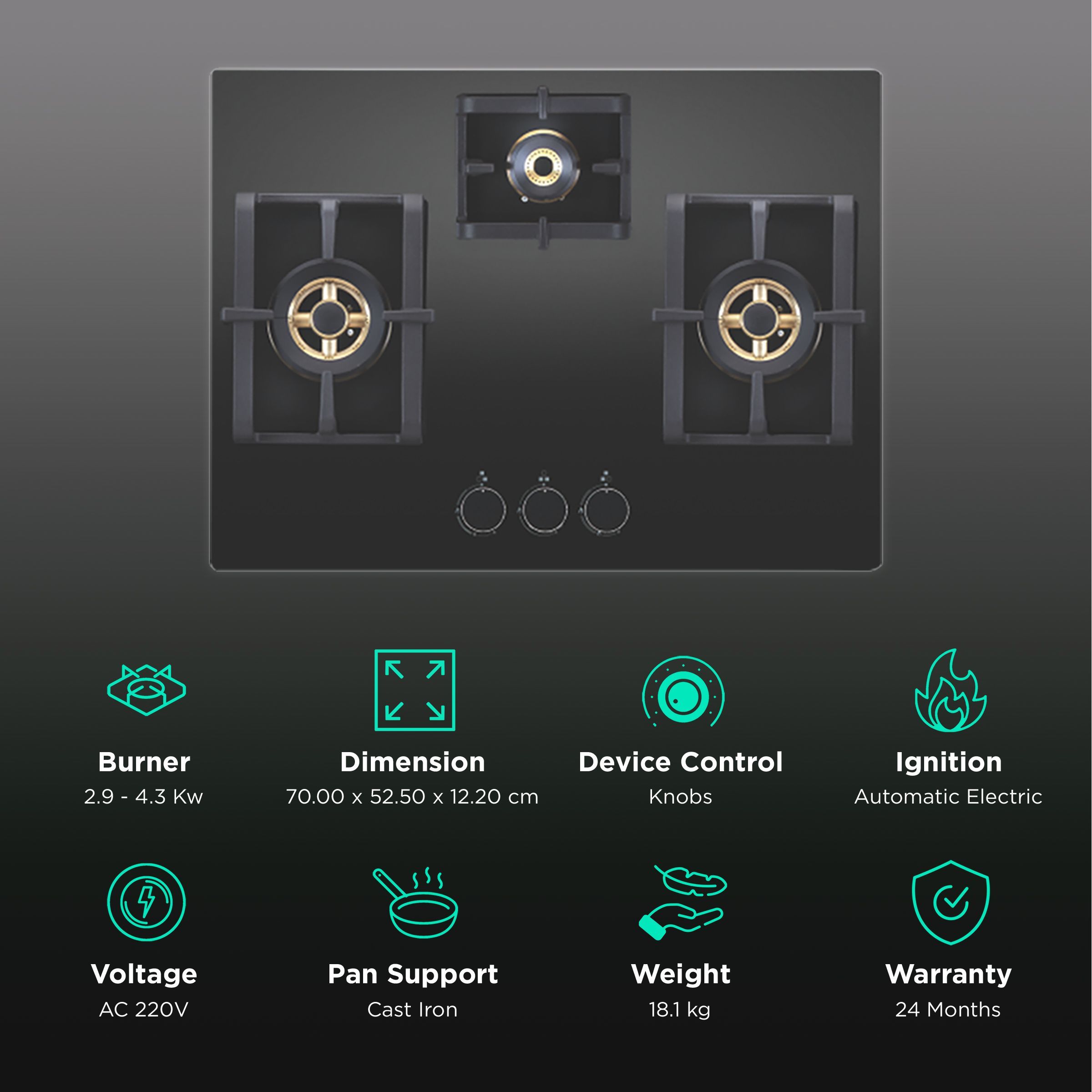 Elica DFS FB MFC 3B 70 DX FFD 3 Burner Automatic Electric Hob (Heavy Duty Multi Frame Burners, Black) Elica DFS FB MFC 3B 70 DX FFD 3 Burner Automatic Electric Hob (Heavy Duty Multi Frame Burners, Black)_3