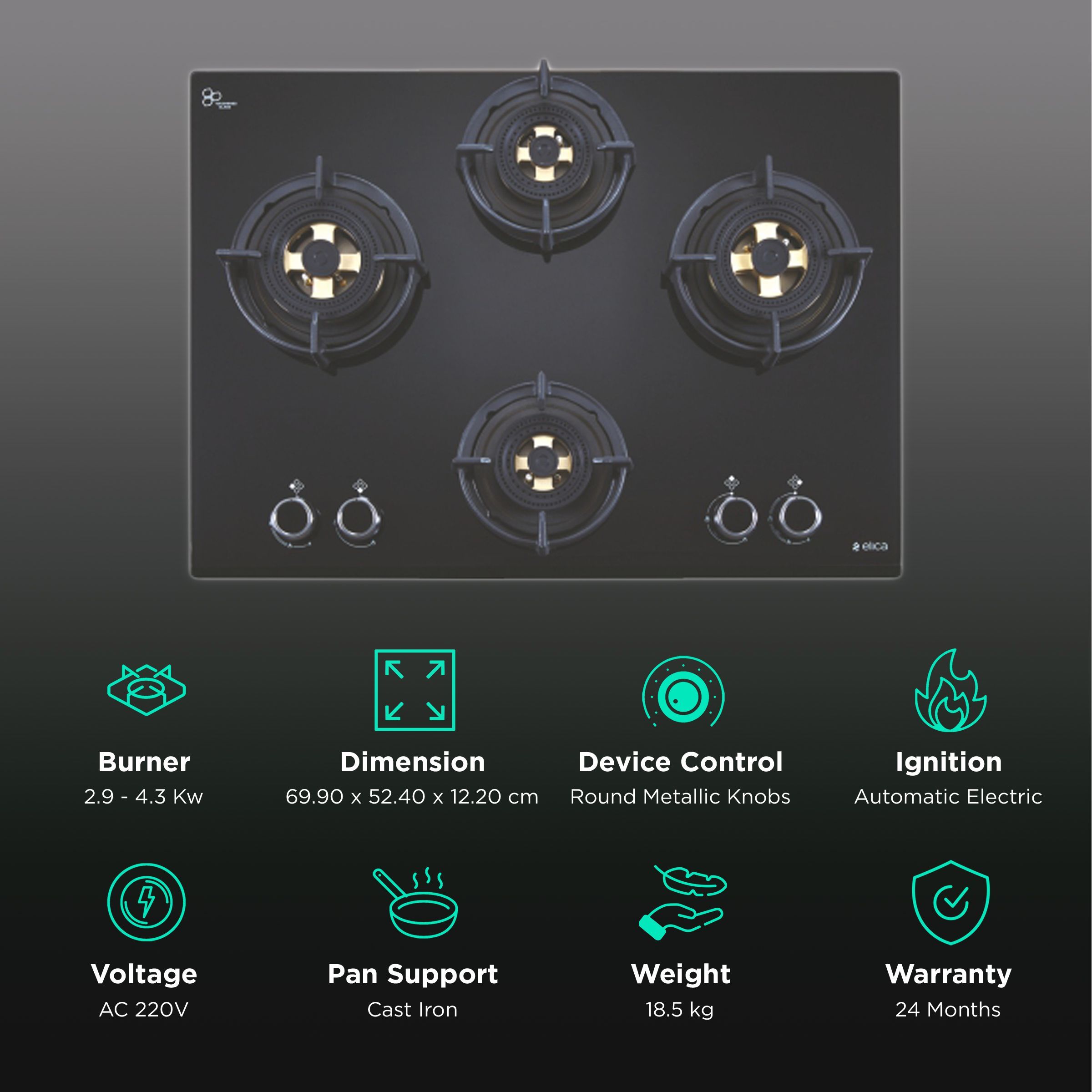 Elica DFS FB MFC 4B 70 DX FFD 4 Burner Automatic Electric Hob (Round Metallic Knob, Black)_3