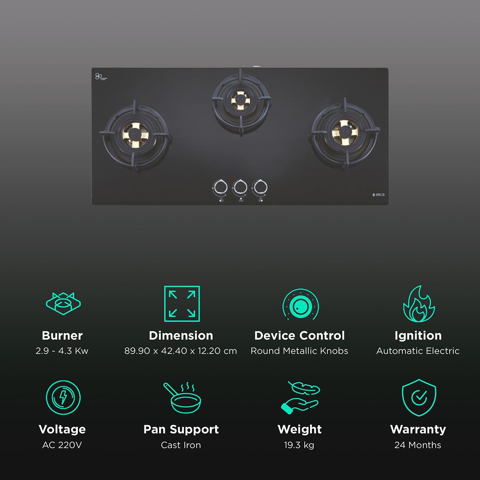 Elica DFS FB MFC 3B 90 DX FFD 3 Burner Automatic Electric Hob (Round Metallic Knob, Black)_3